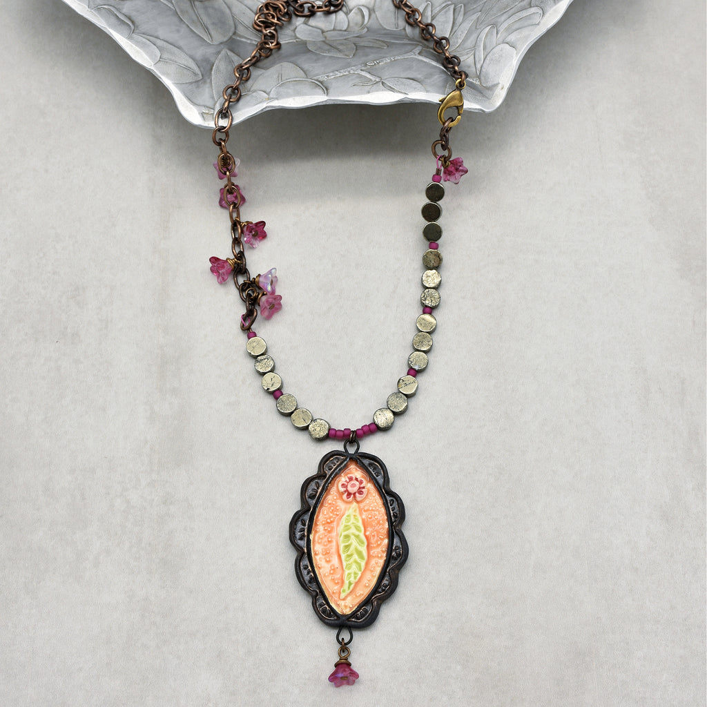 Rosita Handmade Statement Necklace with Artisan Ceramic Focal, Golden Mica Coin beads, Czech Glass and Antique Brass Finish Chain