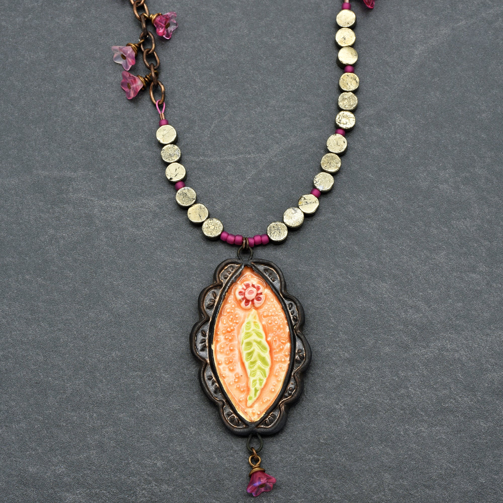 Rosita Handmade Statement Necklace with Artisan Ceramic Focal, Golden Mica Coin beads, Czech Glass and Antique Brass Finish Chain
