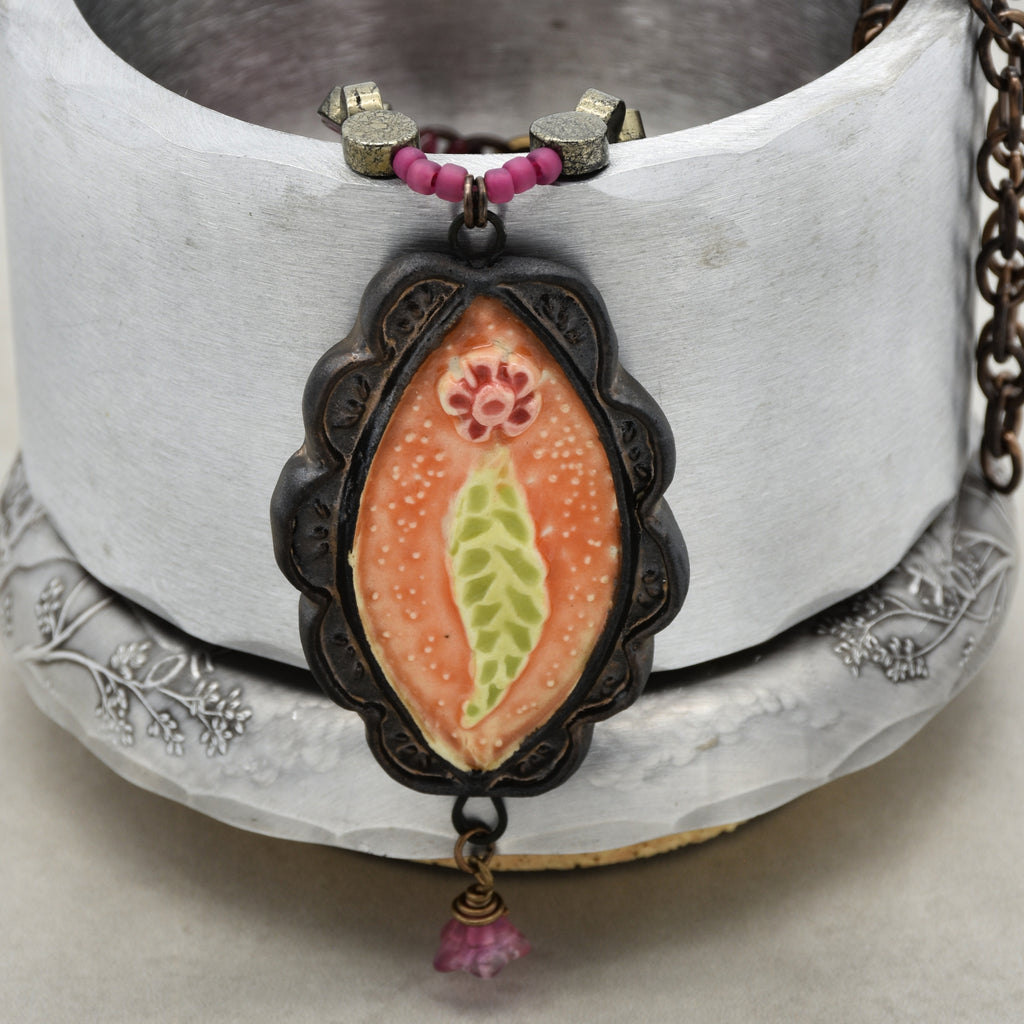 Rosita Handmade Statement Necklace with Artisan Ceramic Focal, Golden Mica Coin beads, Czech Glass and Antique Brass Finish Chain