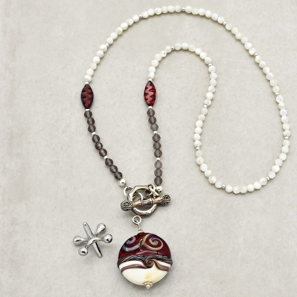 Ruby Red Handmade Beaded Necklace. Artisan Lampwork Glass, Smoky Quartz, Sterling Silver, Mother of Pearl