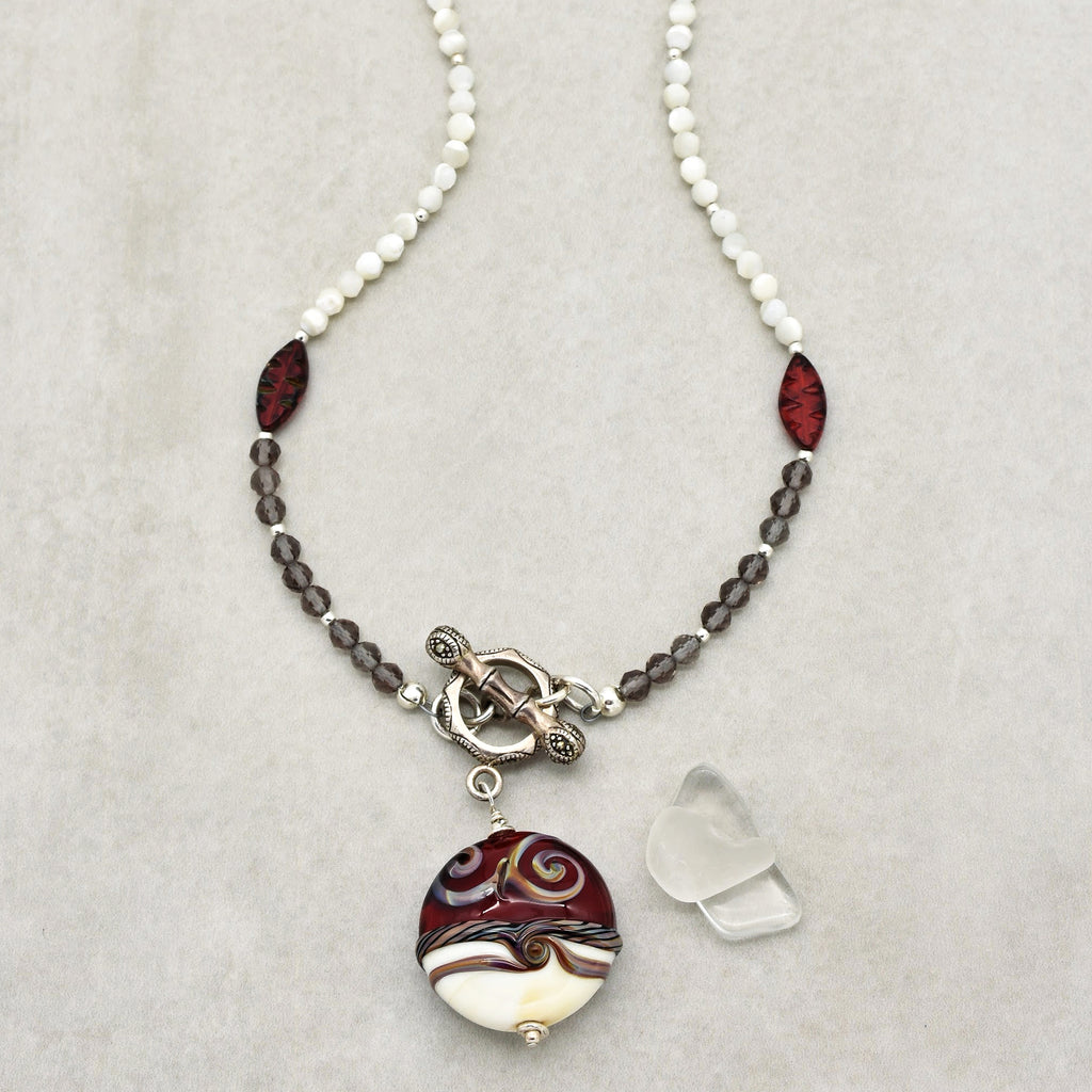 Ruby Red Handmade Beaded Necklace. Artisan Lampwork Glass, Smoky Quartz, Sterling Silver, Mother of Pearl