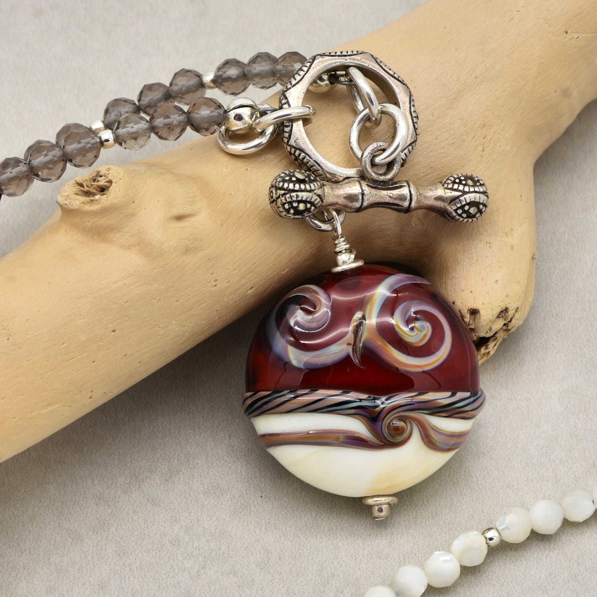 Ruby Red Handmade Beaded Necklace. Artisan Lampwork Glass, Smoky Quartz, Sterling Silver, Mother of Pearl