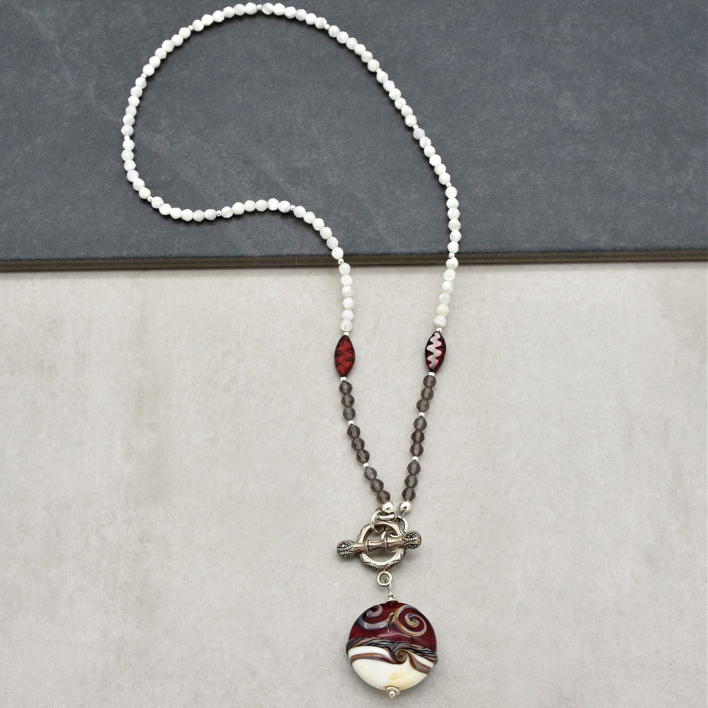 Ruby Red Handmade Beaded Necklace. Artisan Lampwork Glass, Smoky Quartz, Sterling Silver, Mother of Pearl