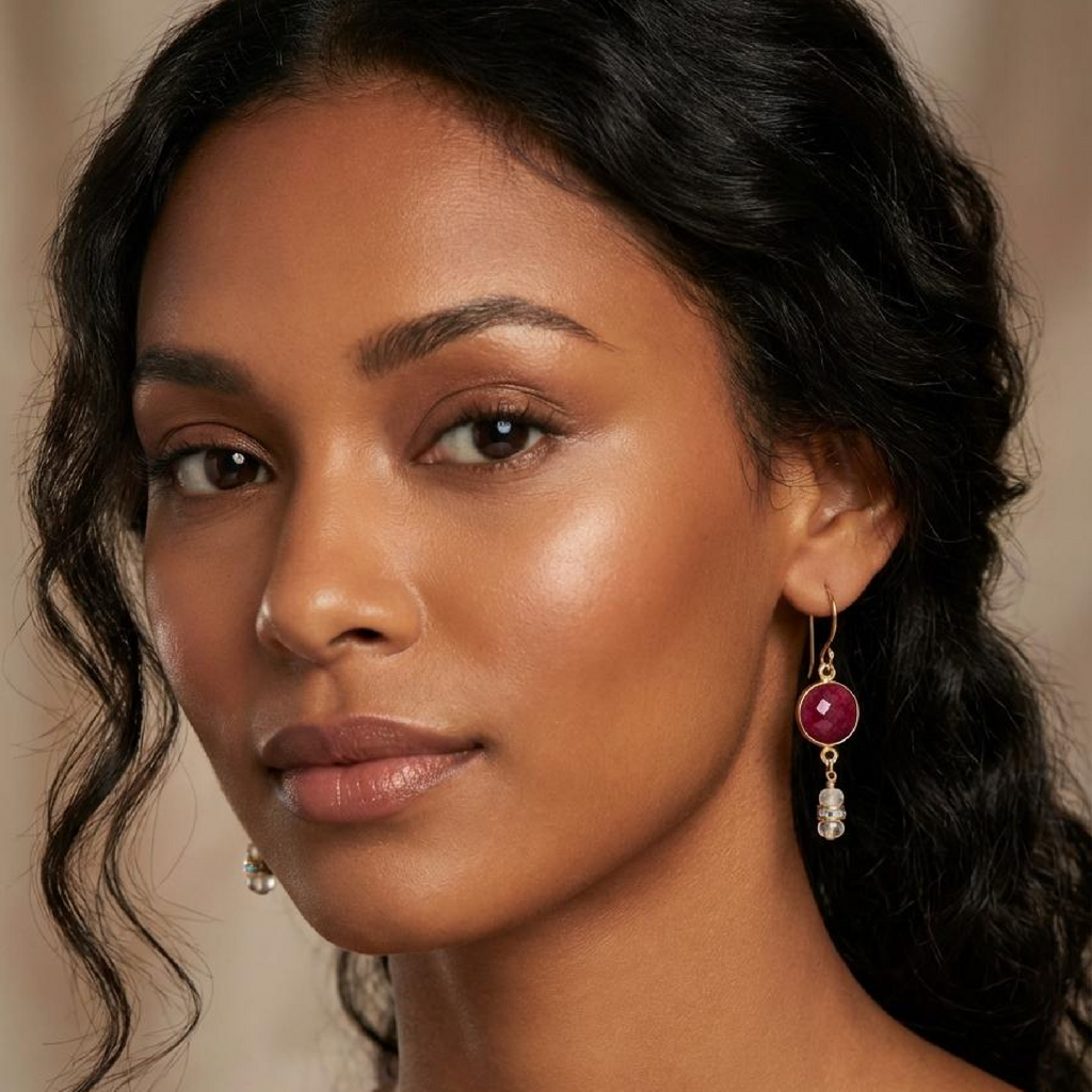 Close-up of a woman wearing earrings with a blurred background