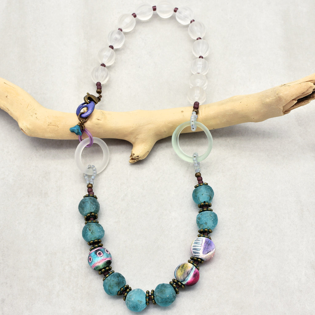 Salt Water Taffy Handmade Beaded Statement Necklace with Aqua Recycled African Glass, Artisan Polymer Clay, and Vintage Resin