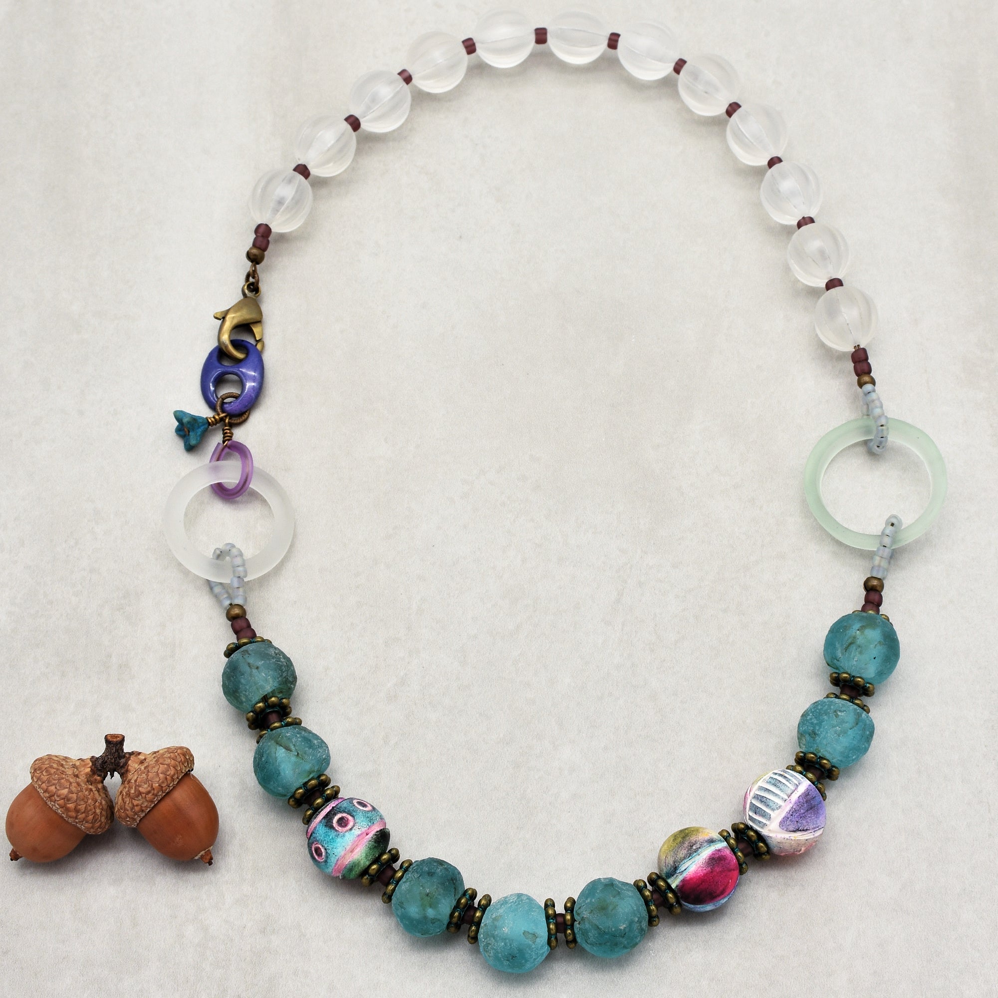Salt Water Taffy Handmade Beaded Statement Necklace with Aqua Recycled African Glass, Artisan Polymer Clay, and Vintage Resin
