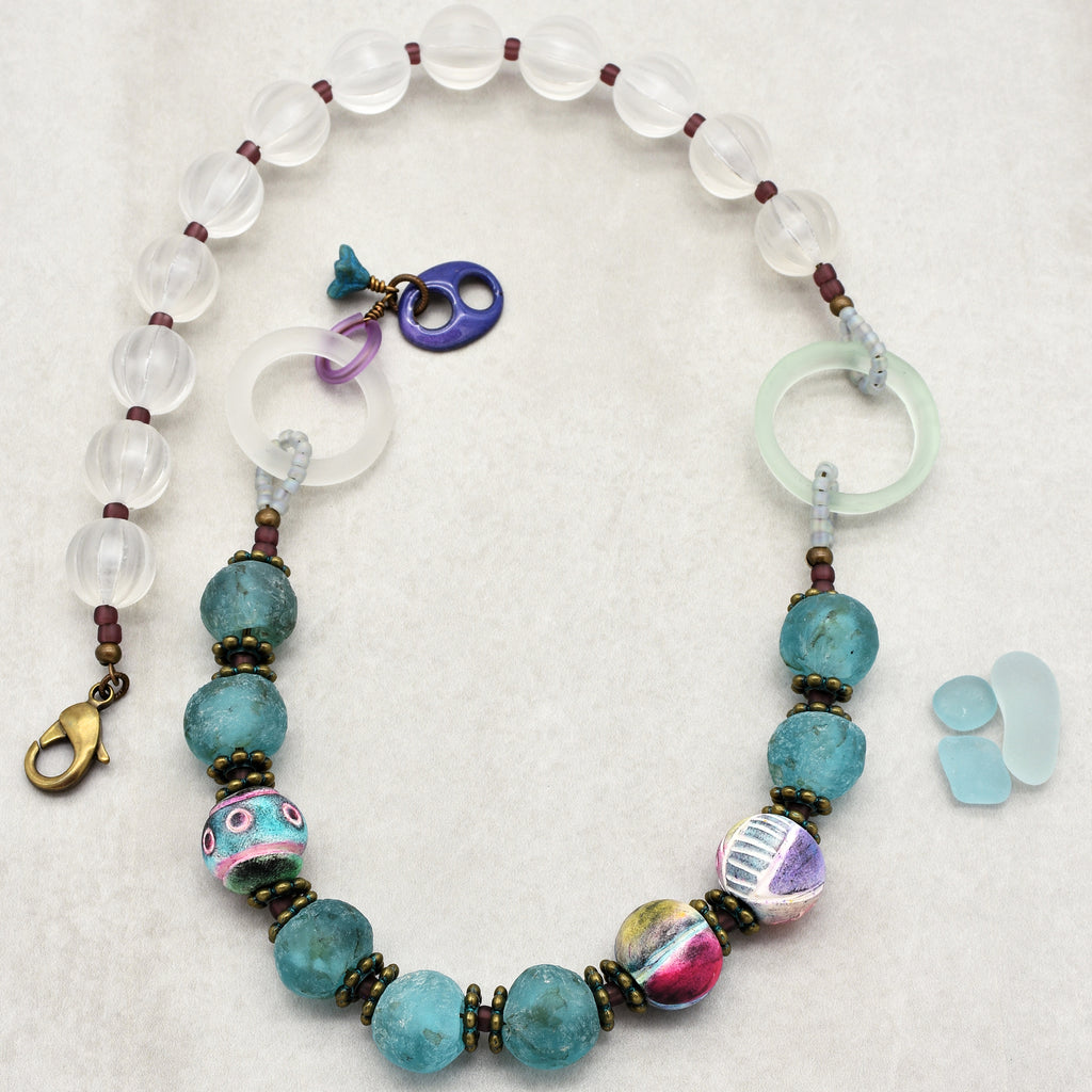 Salt Water Taffy Handmade Beaded Statement Necklace with Aqua Recycled African Glass, Artisan Polymer Clay, and Vintage Resin
