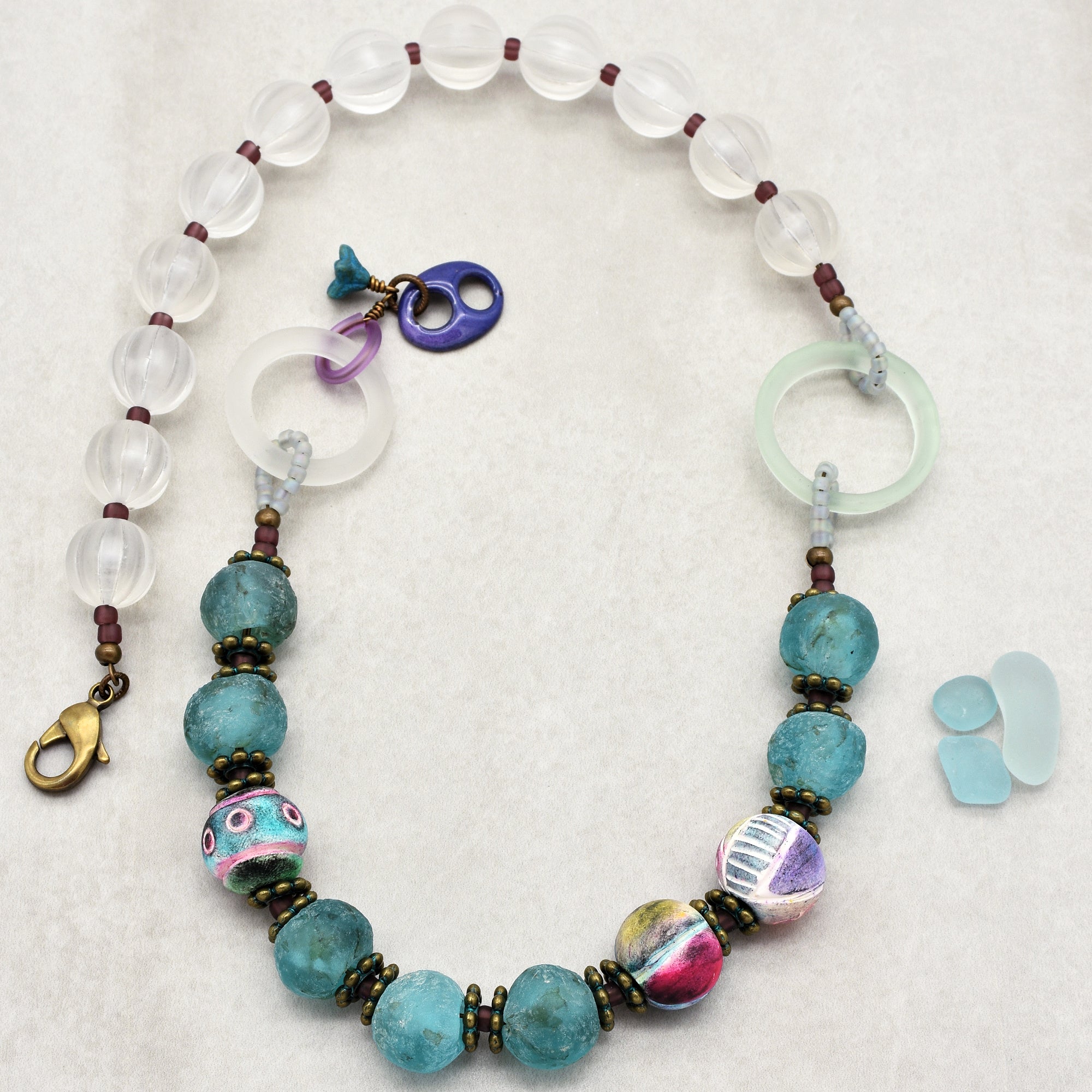 Salt Water Taffy Handmade Beaded Statement Necklace with Aqua Recycled African Glass, Artisan Polymer Clay, and Vintage Resin