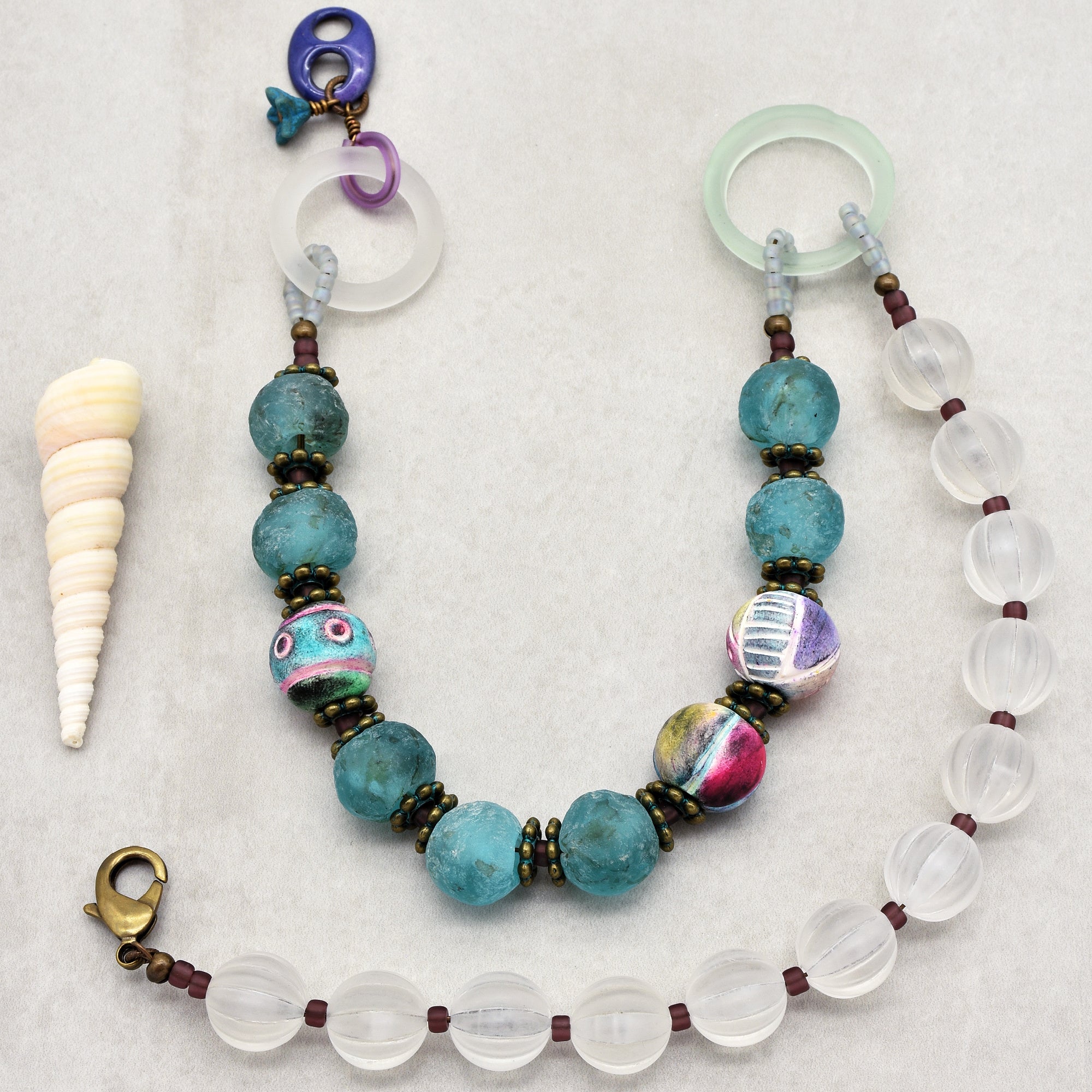 Salt Water Taffy Handmade Beaded Statement Necklace with Aqua Recycled African Glass, Artisan Polymer Clay, and Vintage Resin