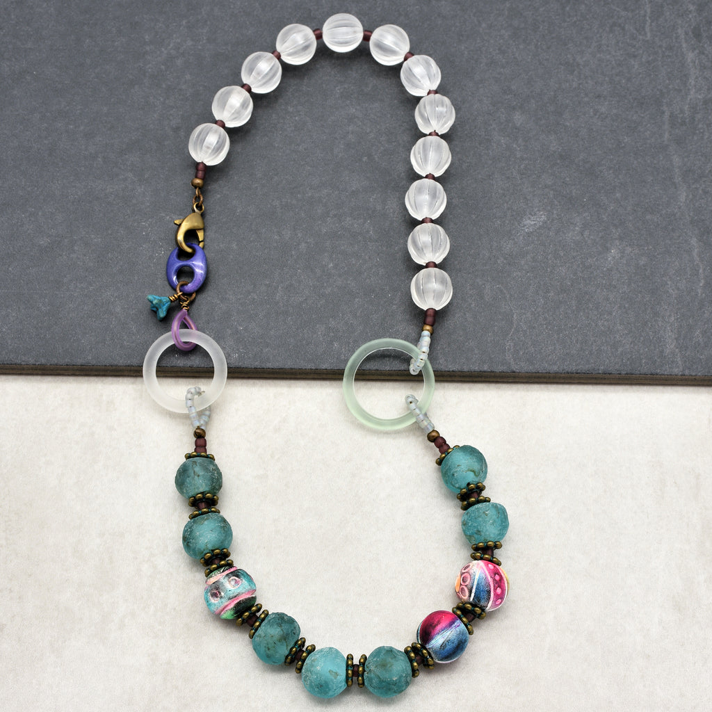 Salt Water Taffy Handmade Beaded Statement Necklace with Aqua Recycled African Glass, Artisan Polymer Clay, and Vintage Resin