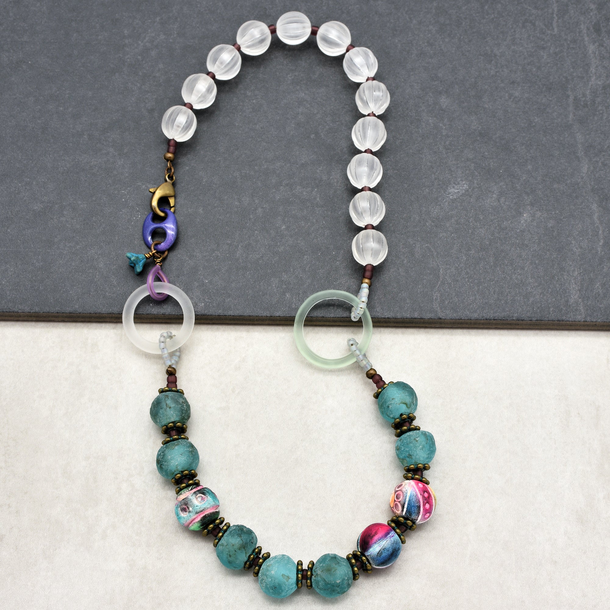 Salt Water Taffy Handmade Beaded Statement Necklace with Aqua Recycled African Glass, Artisan Polymer Clay, and Vintage Resin