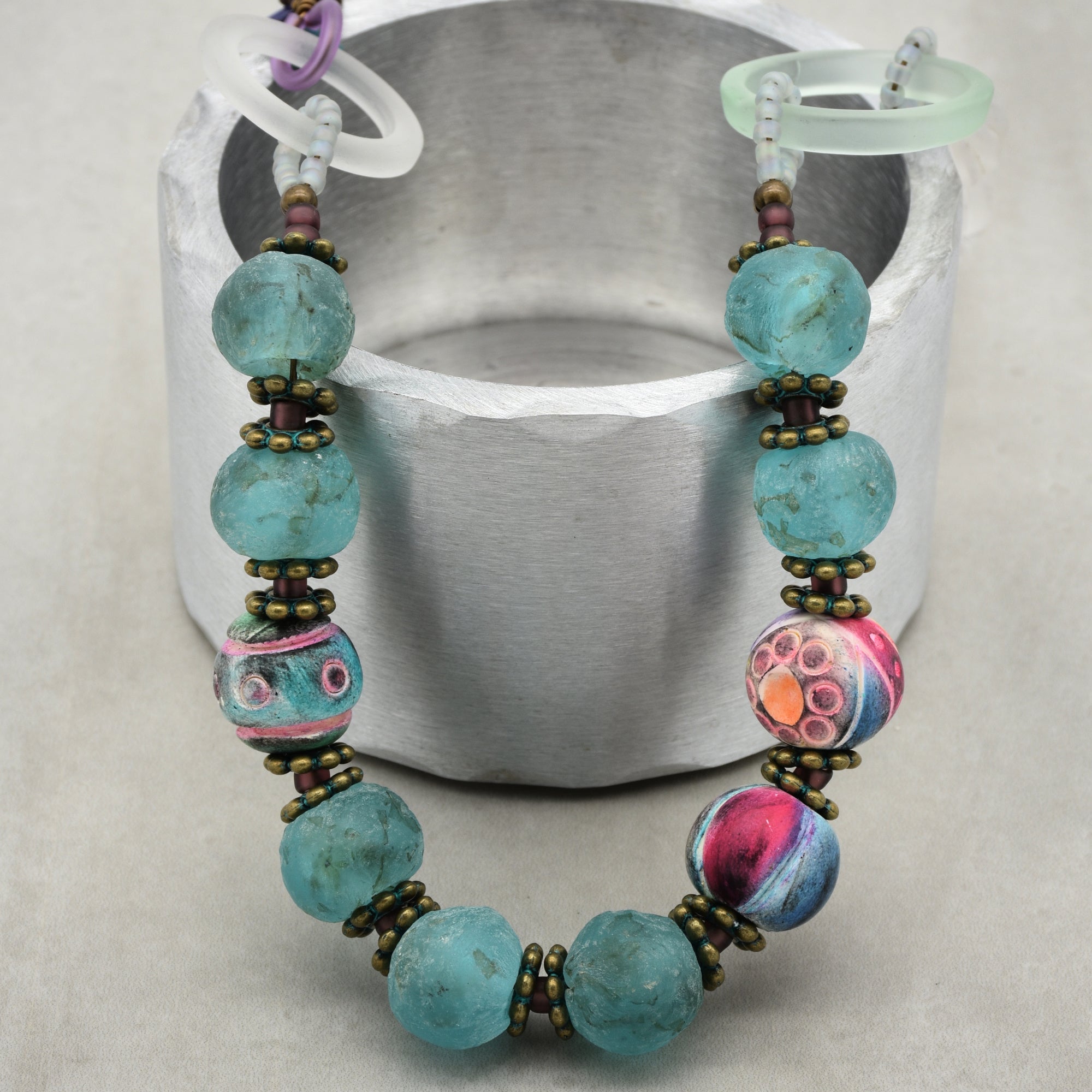 Salt Water Taffy Handmade Beaded Statement Necklace with Aqua Recycled African Glass, Artisan Polymer Clay, and Vintage Resin