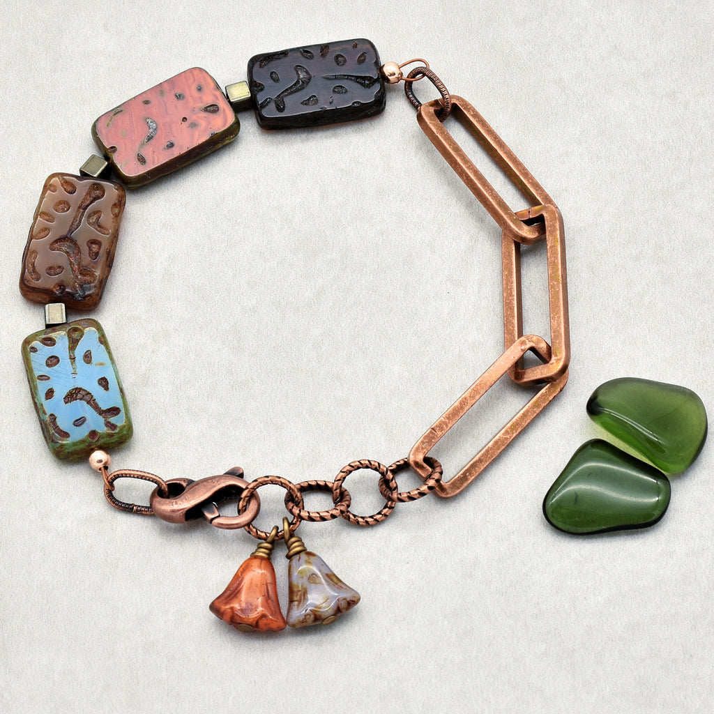 Sassy Earth Tones Handmade Beaded Bracelet with Czech glass, and copper chain