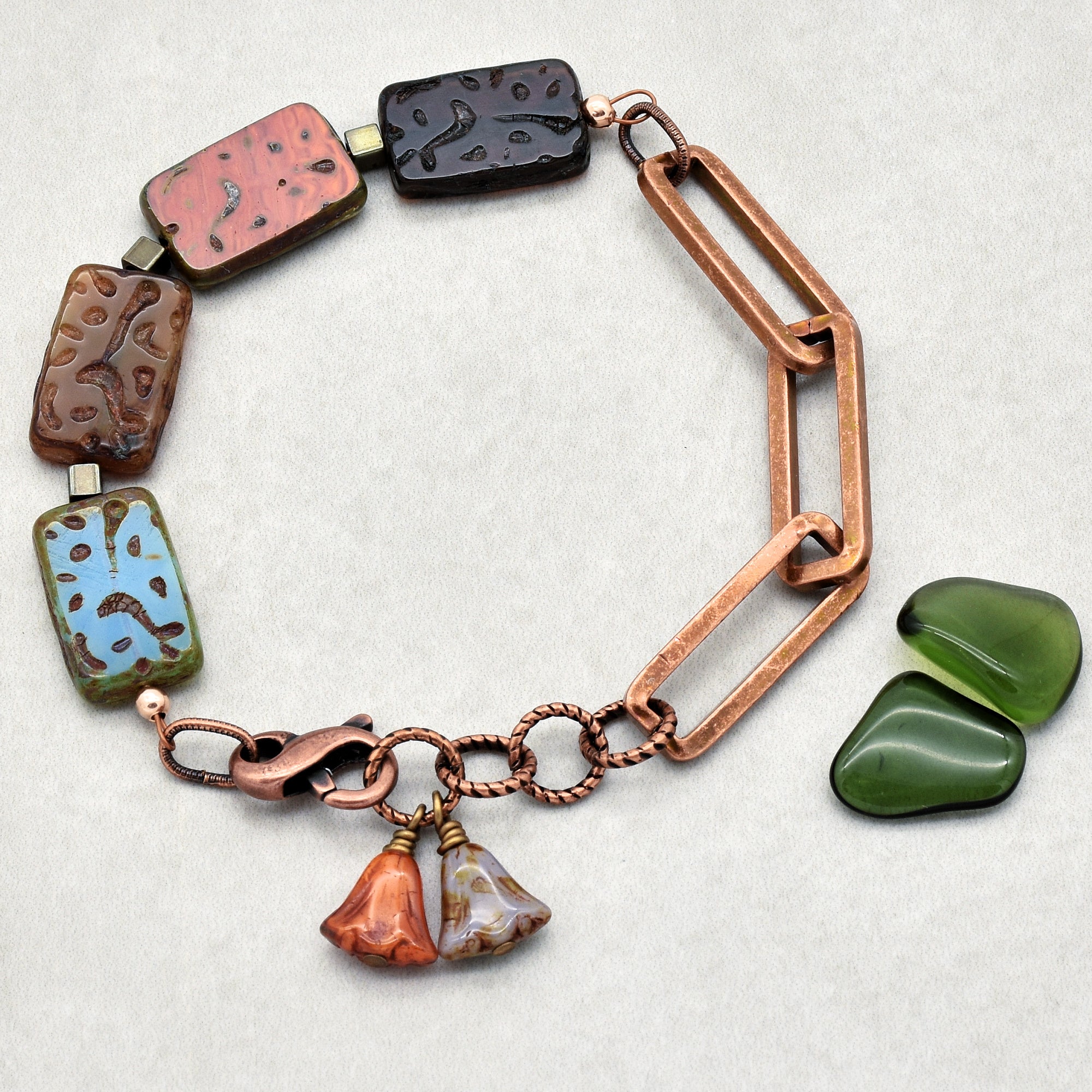Sassy Earth Tones Handmade Beaded Bracelet with Czech glass, and copper chain