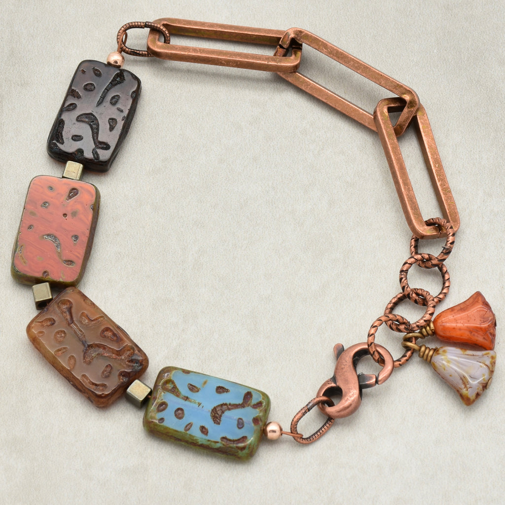 Sassy Earth Tones Handmade Beaded Bracelet with Czech glass, and copper chain