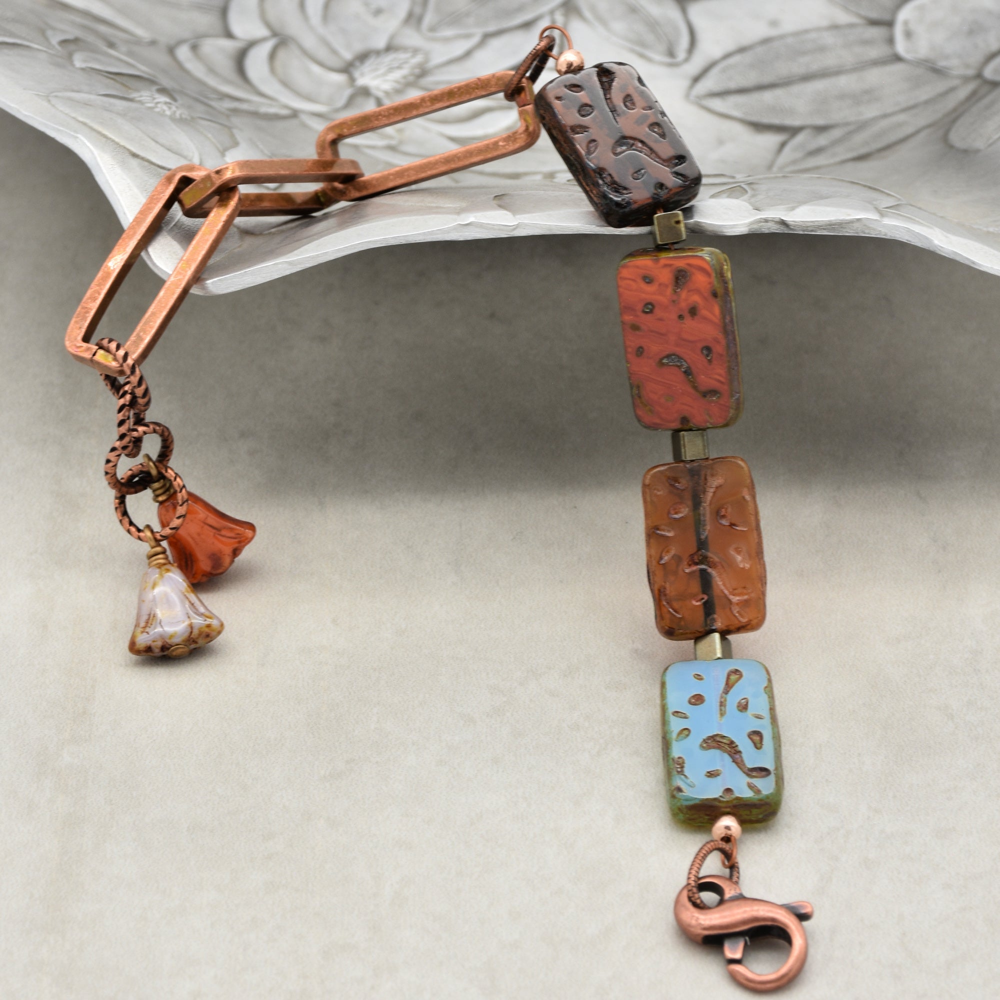 Sassy Earth Tones Handmade Beaded Bracelet with Czech glass, and copper chain