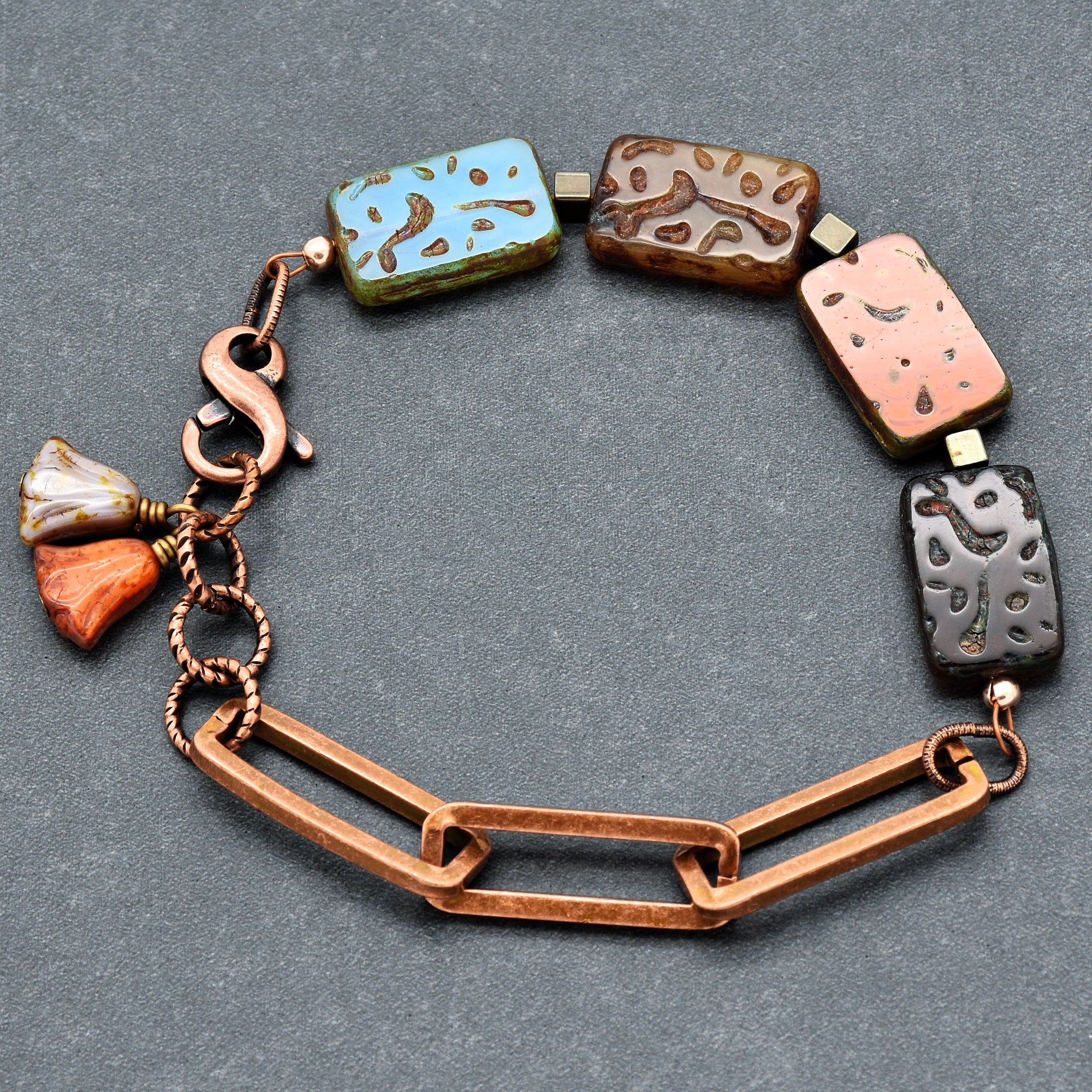 Sassy Earth Tones Handmade Beaded Bracelet with Czech glass, and copper chain