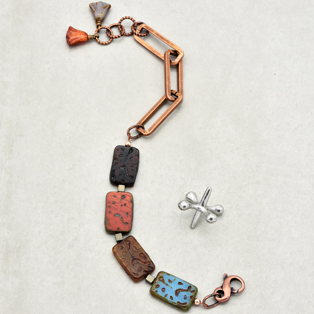 Sassy Earth Tones Handmade Beaded Bracelet with Czech glass, and copper chain