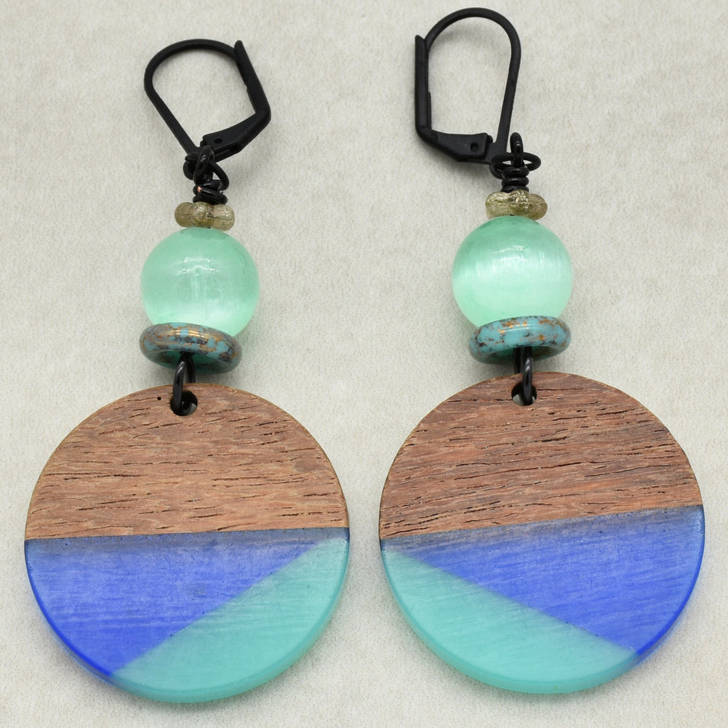 Shades of Blue Dangle Handmade Earrings, Bright Selenite, Wood Resin Charms.