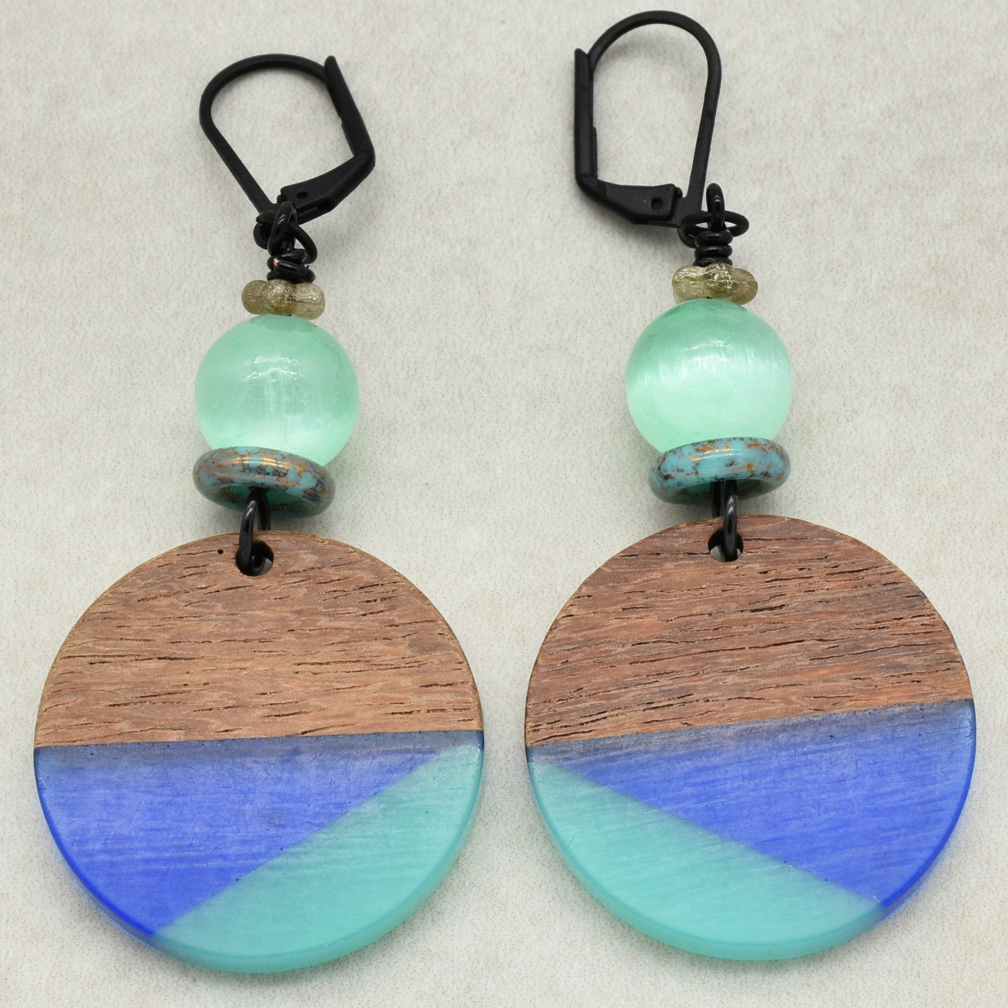 Shades of Blue Dangle Handmade Earrings, Bright Selenite, Wood Resin Charms.