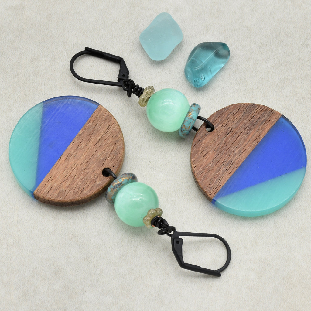 Shades of Blue Dangle Handmade Earrings, Bright Selenite, Wood Resin Charms.