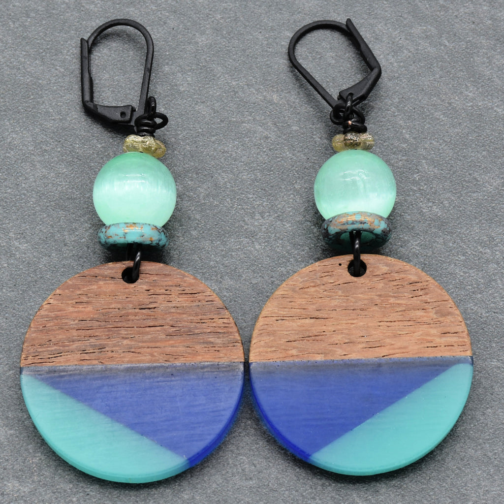 Shades of Blue Dangle Handmade Earrings, Bright Selenite, Wood Resin Charms.