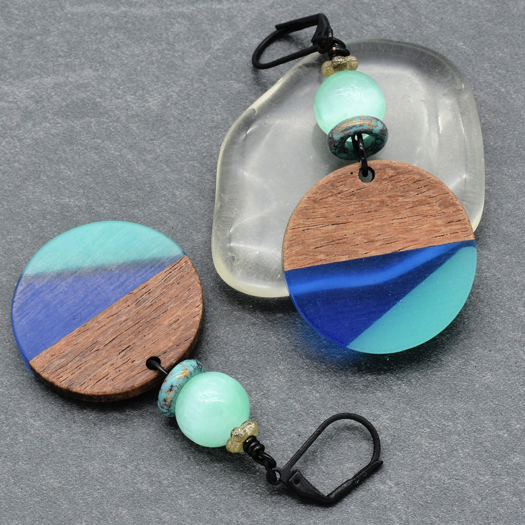 Shades of Blue Dangle Handmade Earrings, Bright Selenite, Wood Resin Charms.