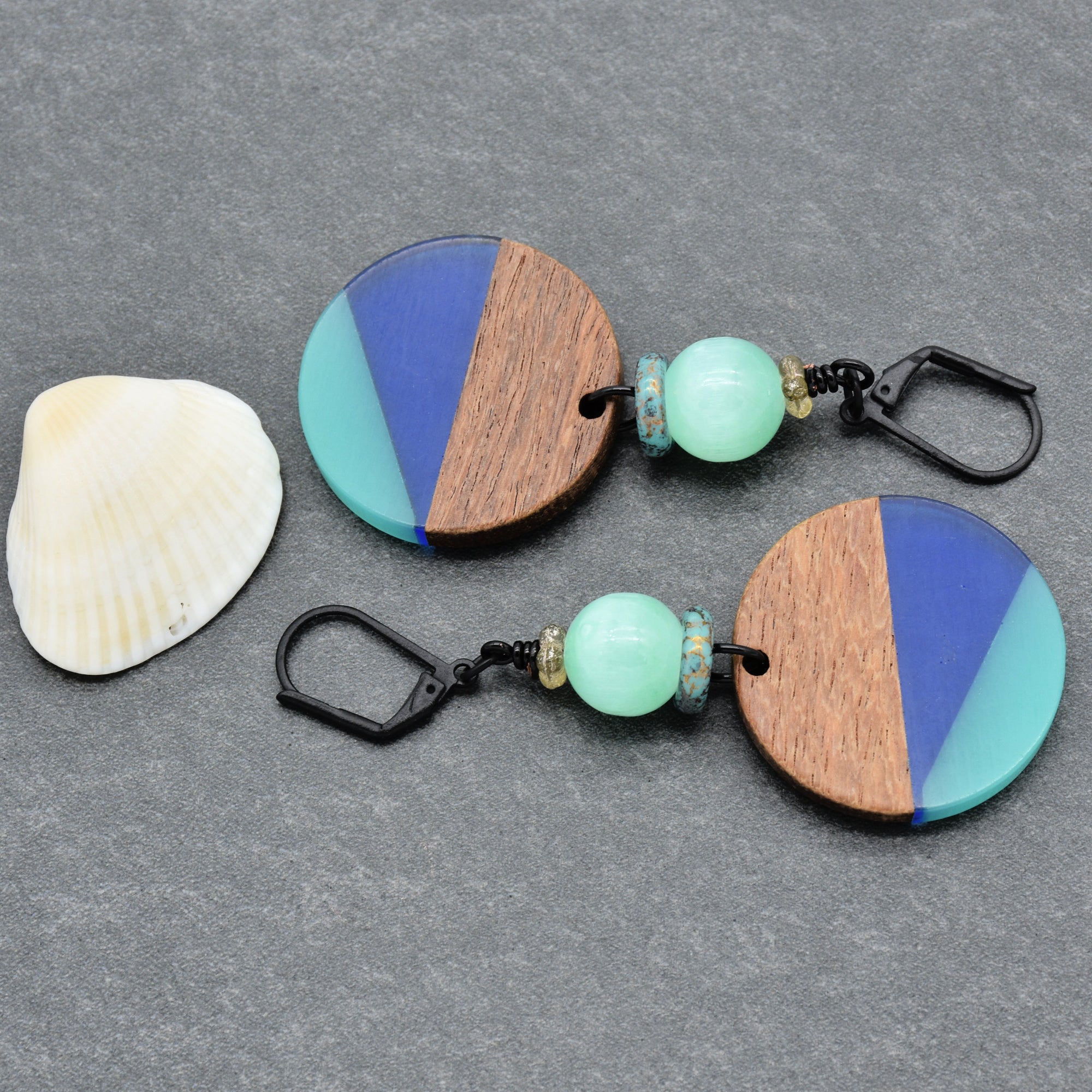 Shades of Blue Dangle Handmade Earrings, Bright Selenite, Wood Resin Charms.