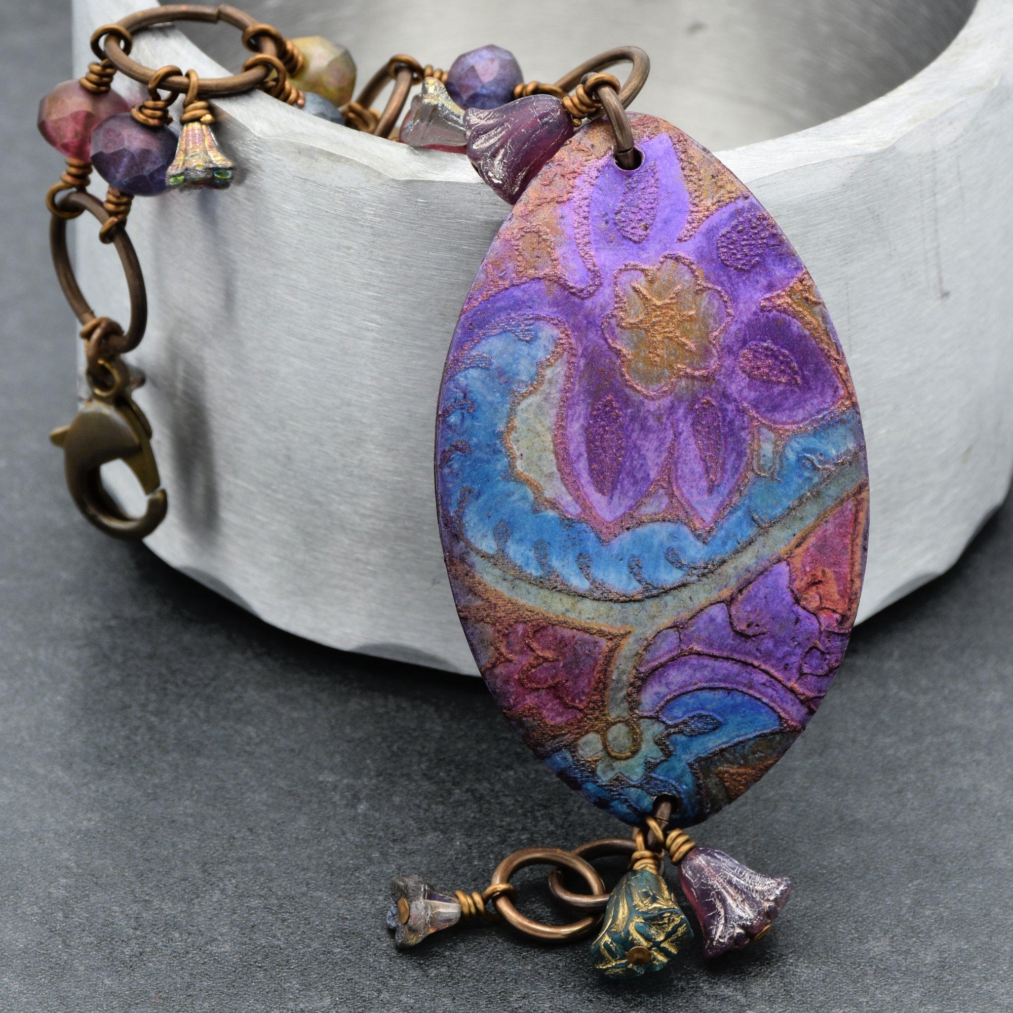 So Boho Handmade Beaded Bracelet with Artisan Polymer Clay Cuff focal and Czech Glass