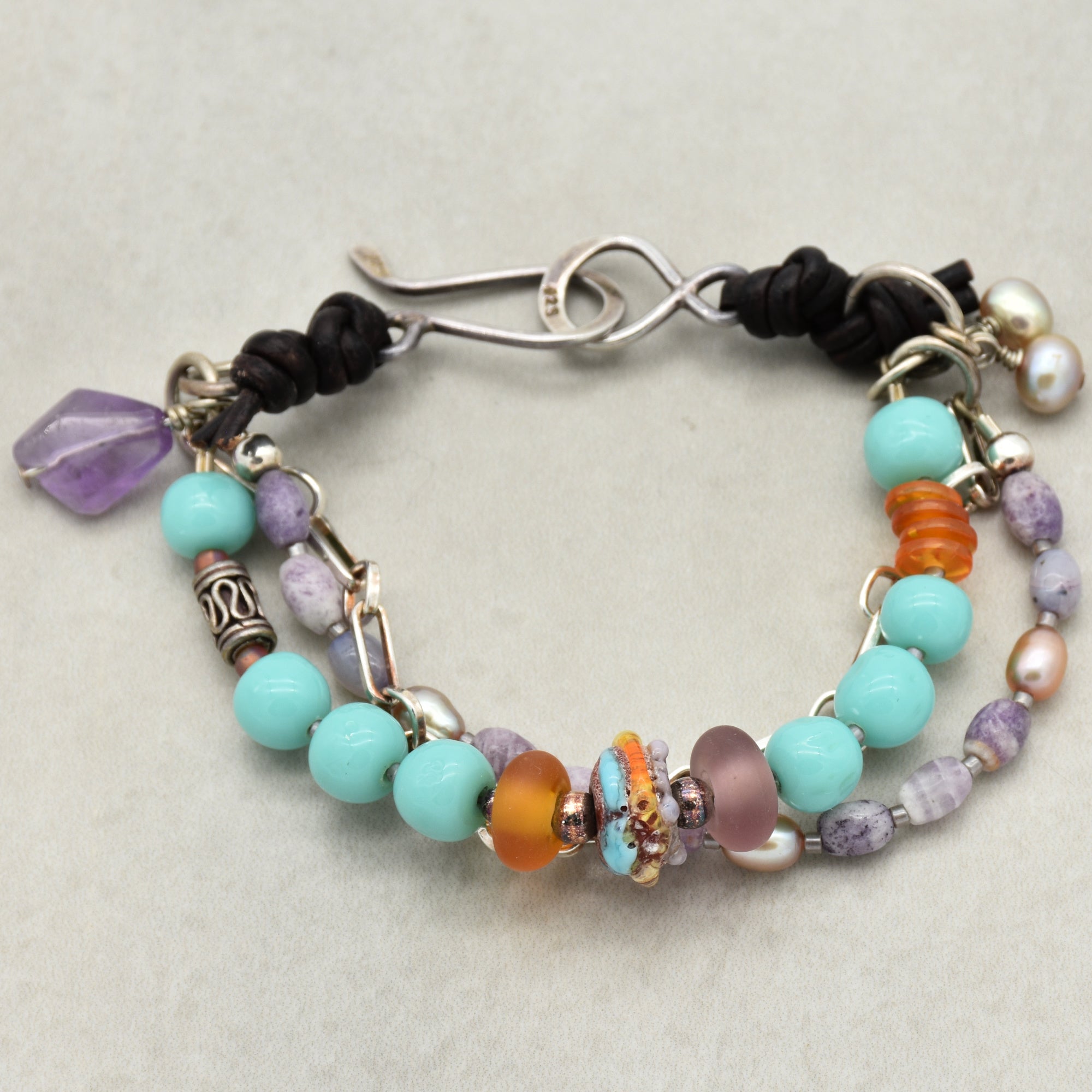Sonora Sunrise Handmade Beaded Triple Strand Bracelet, Artisan lampwork glass, amazonite, lepidolite, pearls, amethyst, sterling silver
