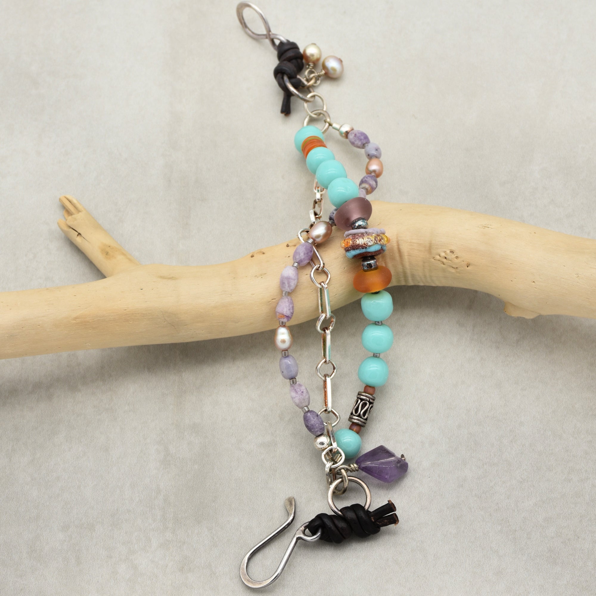 Sonora Sunrise Handmade Beaded Triple Strand Bracelet, Artisan lampwork glass, amazonite, lepidolite, pearls, amethyst, sterling silver