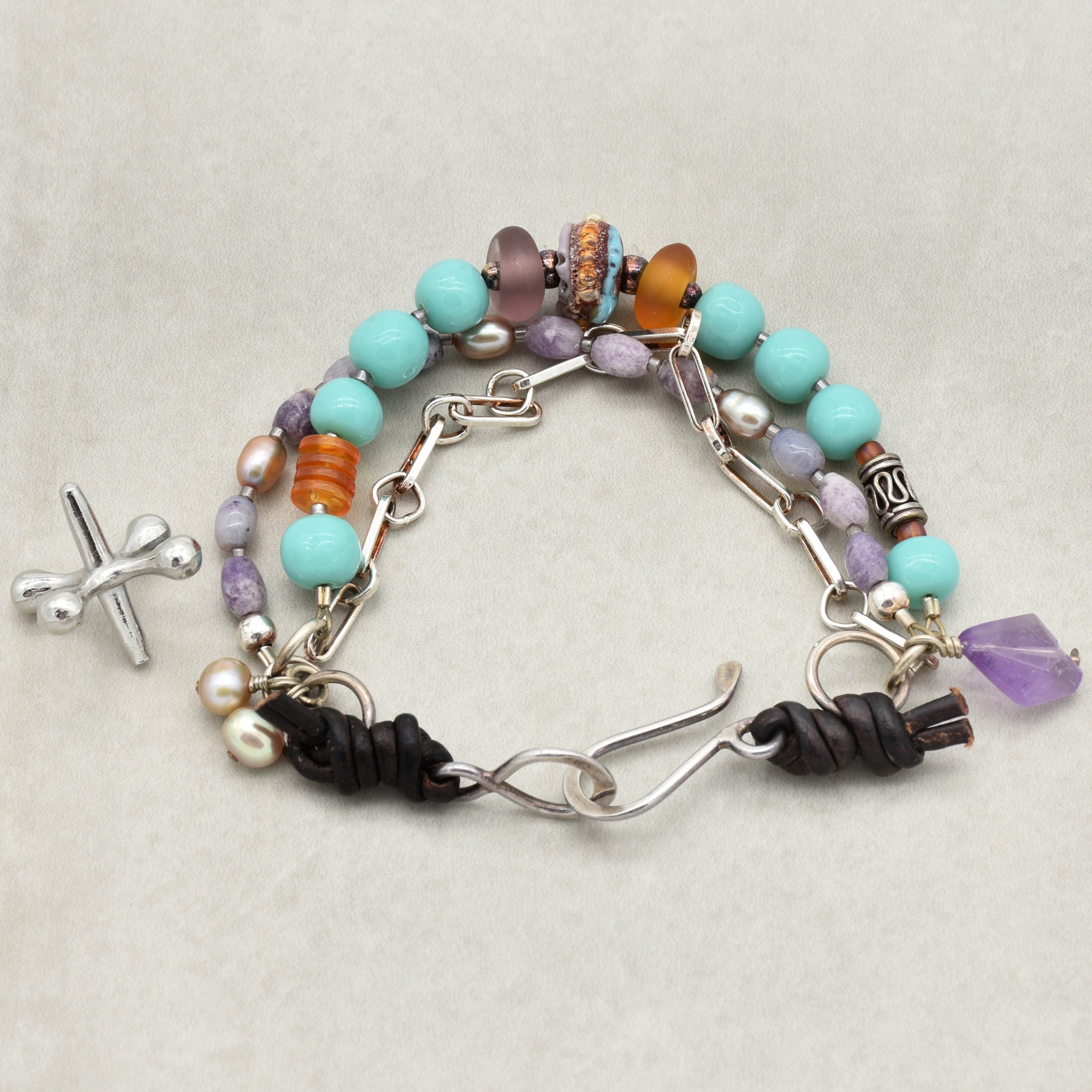 Sonora Sunrise Handmade Beaded Triple Strand Bracelet, Artisan lampwork glass, amazonite, lepidolite, pearls, amethyst, sterling silver