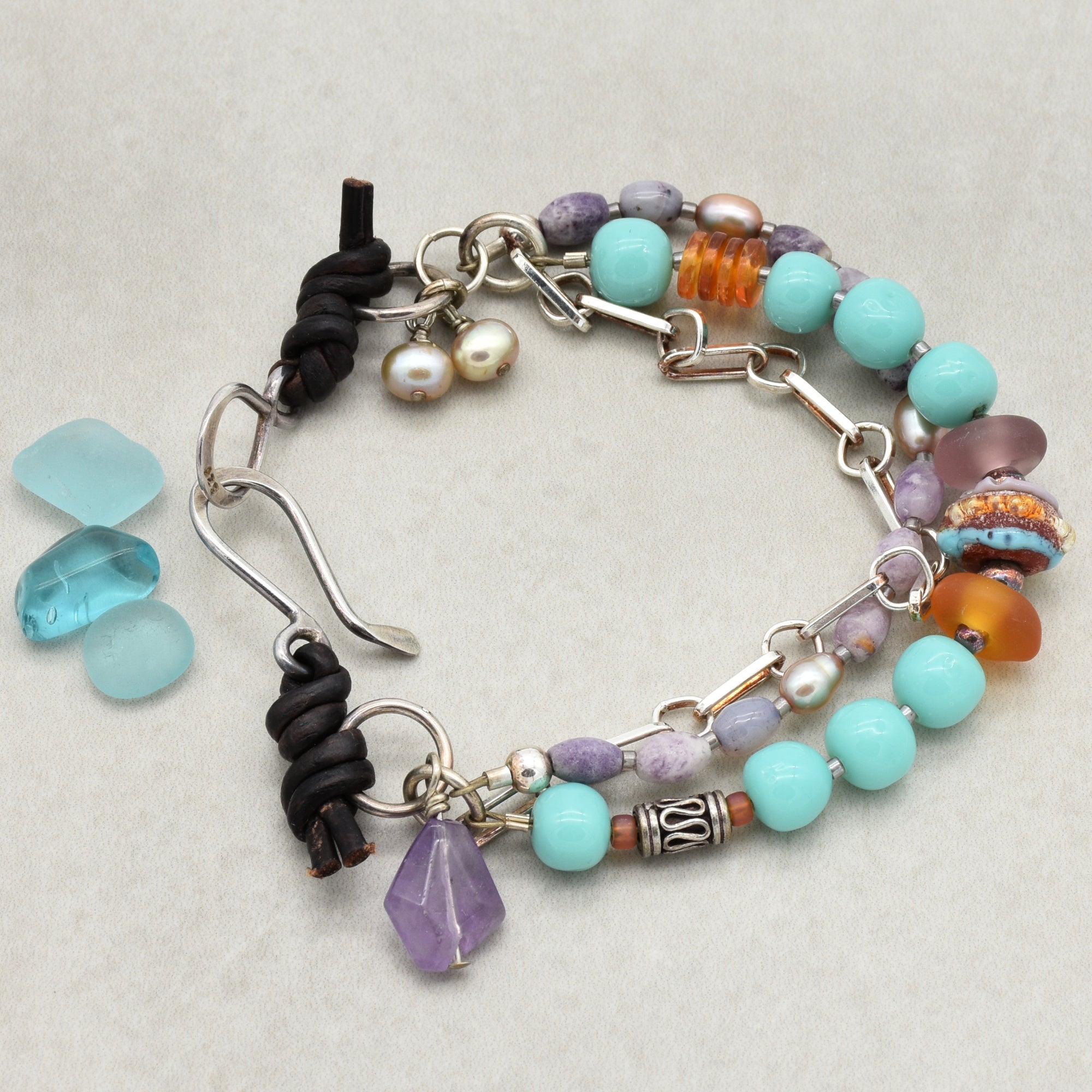 Sonora Sunrise Handmade Beaded Triple Strand Bracelet, Artisan lampwork glass, amazonite, lepidolite, pearls, amethyst, sterling silver