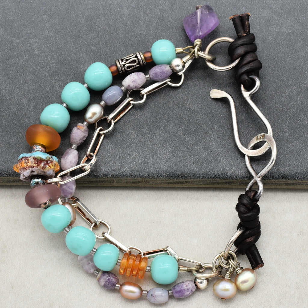 Sonora Sunrise Handmade Beaded Triple Strand Bracelet, Artisan lampwork glass, amazonite, lepidolite, pearls, amethyst, sterling silver