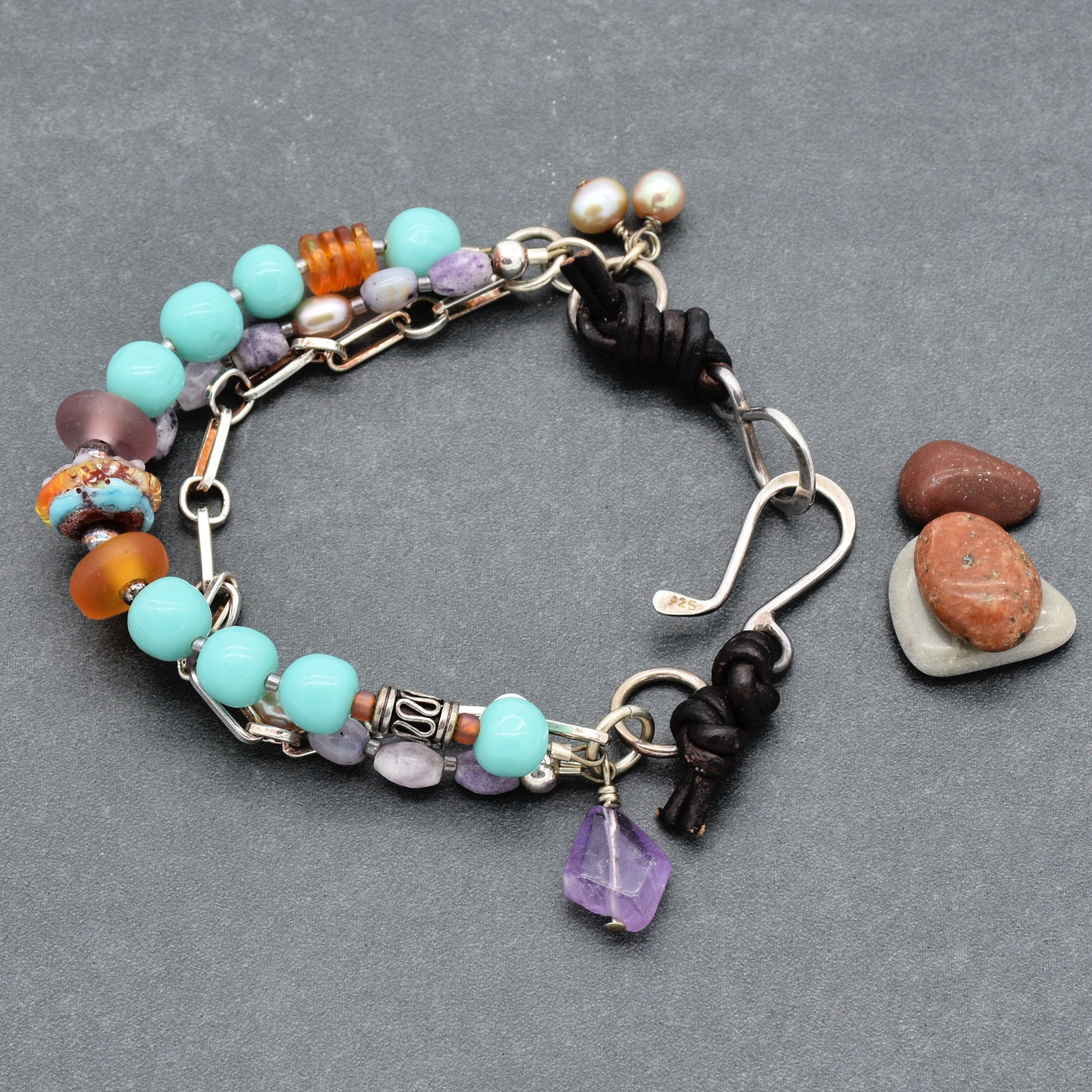Sonora Sunrise Handmade Beaded Triple Strand Bracelet, Artisan lampwork glass, amazonite, lepidolite, pearls, amethyst, sterling silver