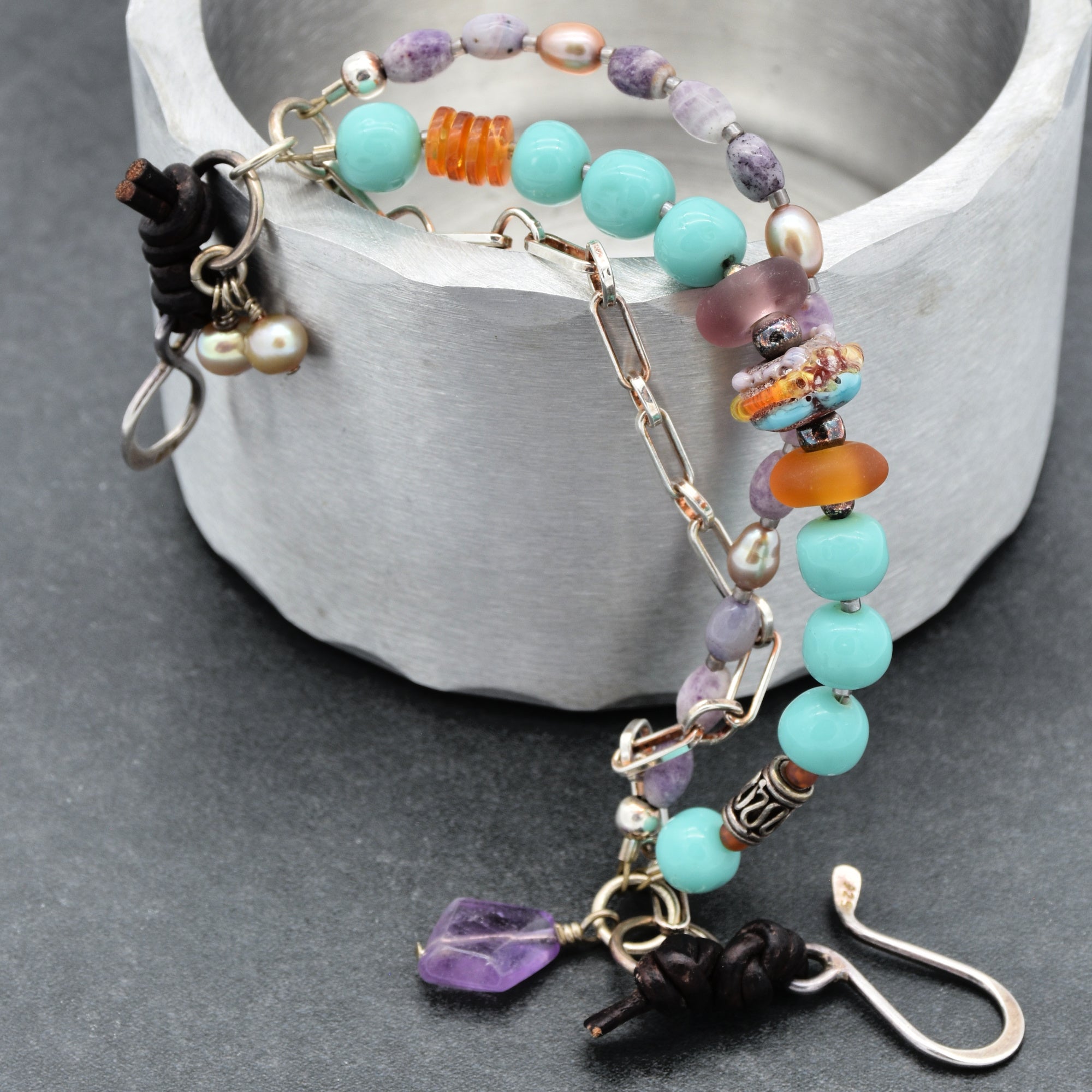 Sonora Sunrise Handmade Beaded Triple Strand Bracelet, Artisan lampwork glass, amazonite, lepidolite, pearls, amethyst, sterling silver