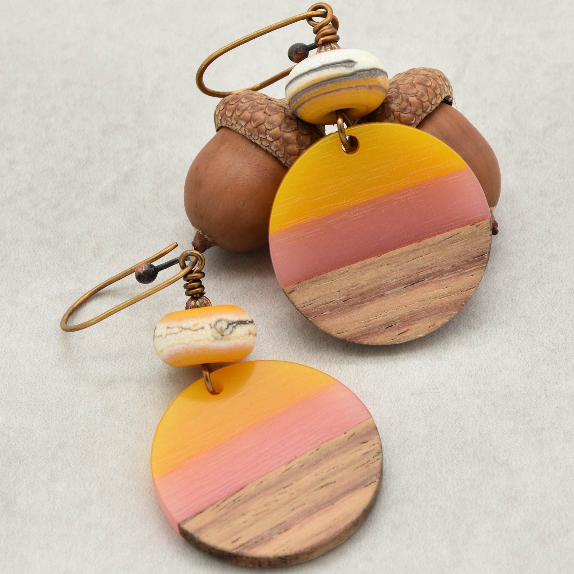 Sunny Skies Dangle Handmade Earrings, Artisan Lampwork Glass, Wood Resin Charms.