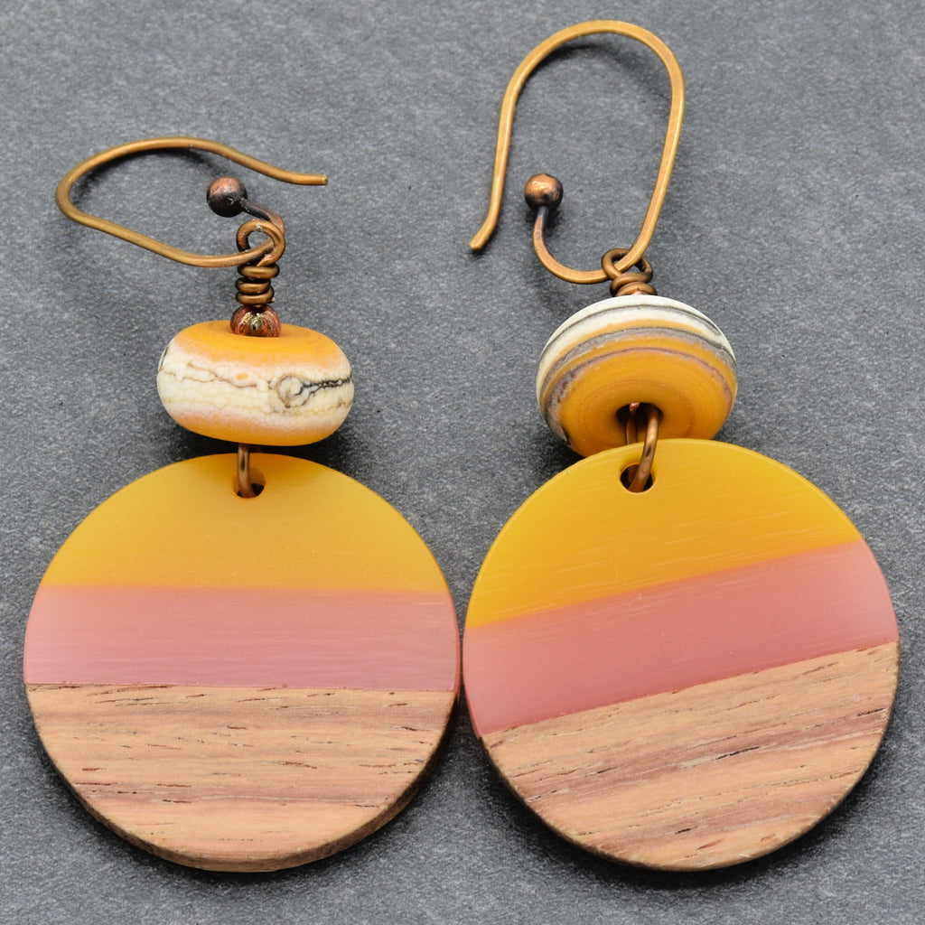 Sunny Skies Dangle Handmade Earrings, Artisan Lampwork Glass, Wood Resin Charms.