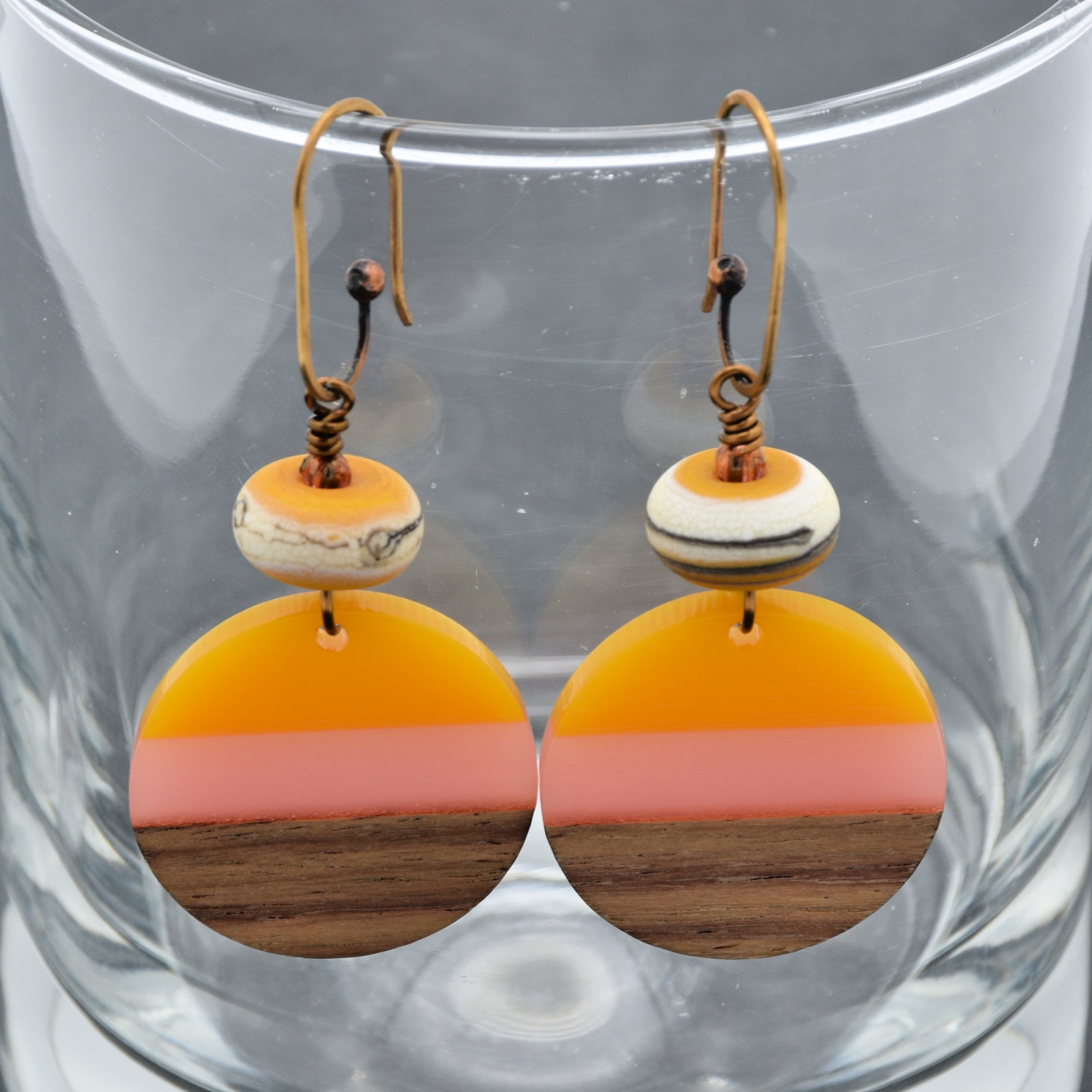 Sunny Skies Dangle Handmade Earrings, Artisan Lampwork Glass, Wood Resin Charms.