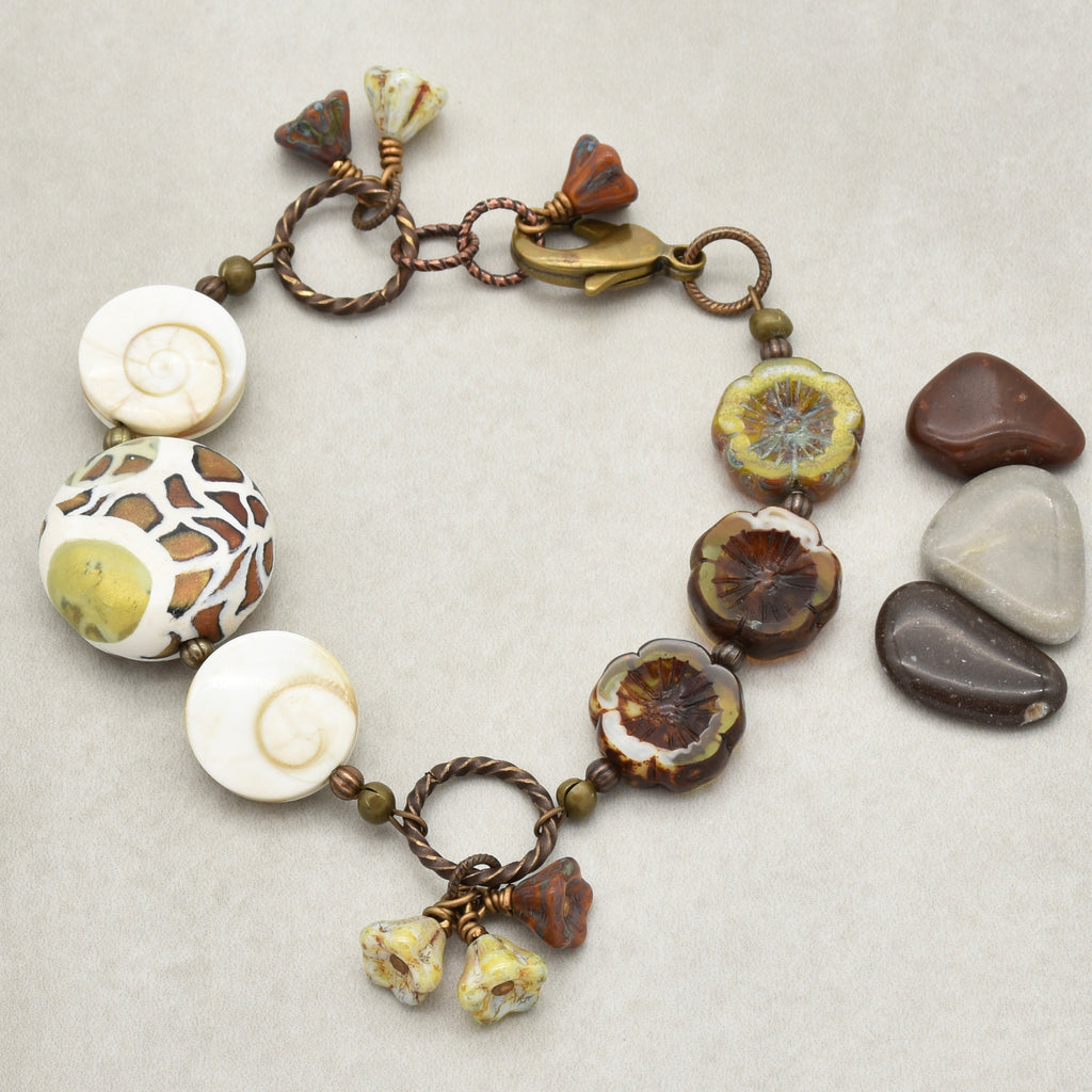 Swanky Safari Handmade Beaded Bracelet with Artisan Polymer Clay Green Giraffe Focal, Shell, Czech Glass Flowers
