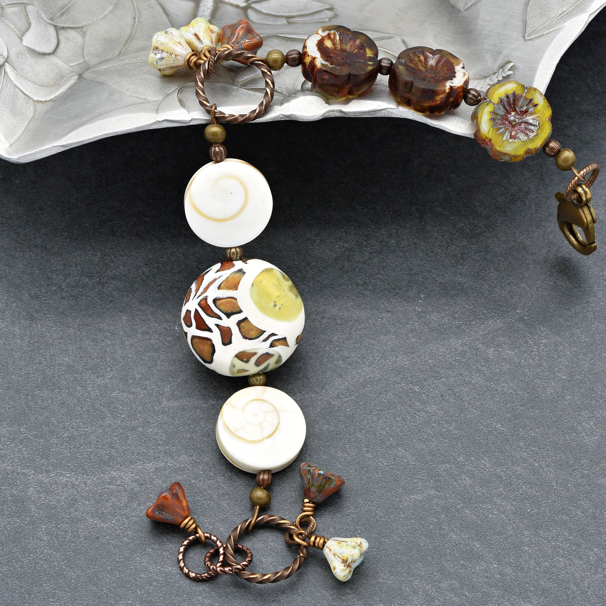 Swanky Safari Handmade Beaded Bracelet with Artisan Polymer Clay Green Giraffe Focal, Shell, Czech Glass Flowers