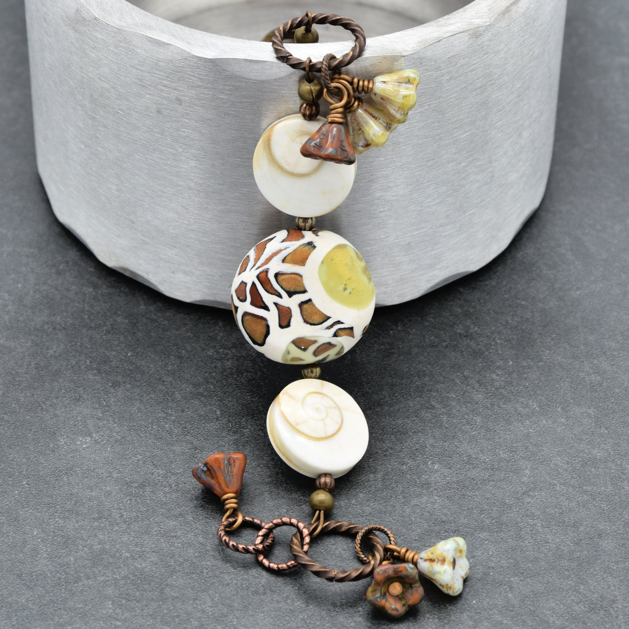 Swanky Safari Handmade Beaded Bracelet with Artisan Polymer Clay Green Giraffe Focal, Shell, Czech Glass Flowers