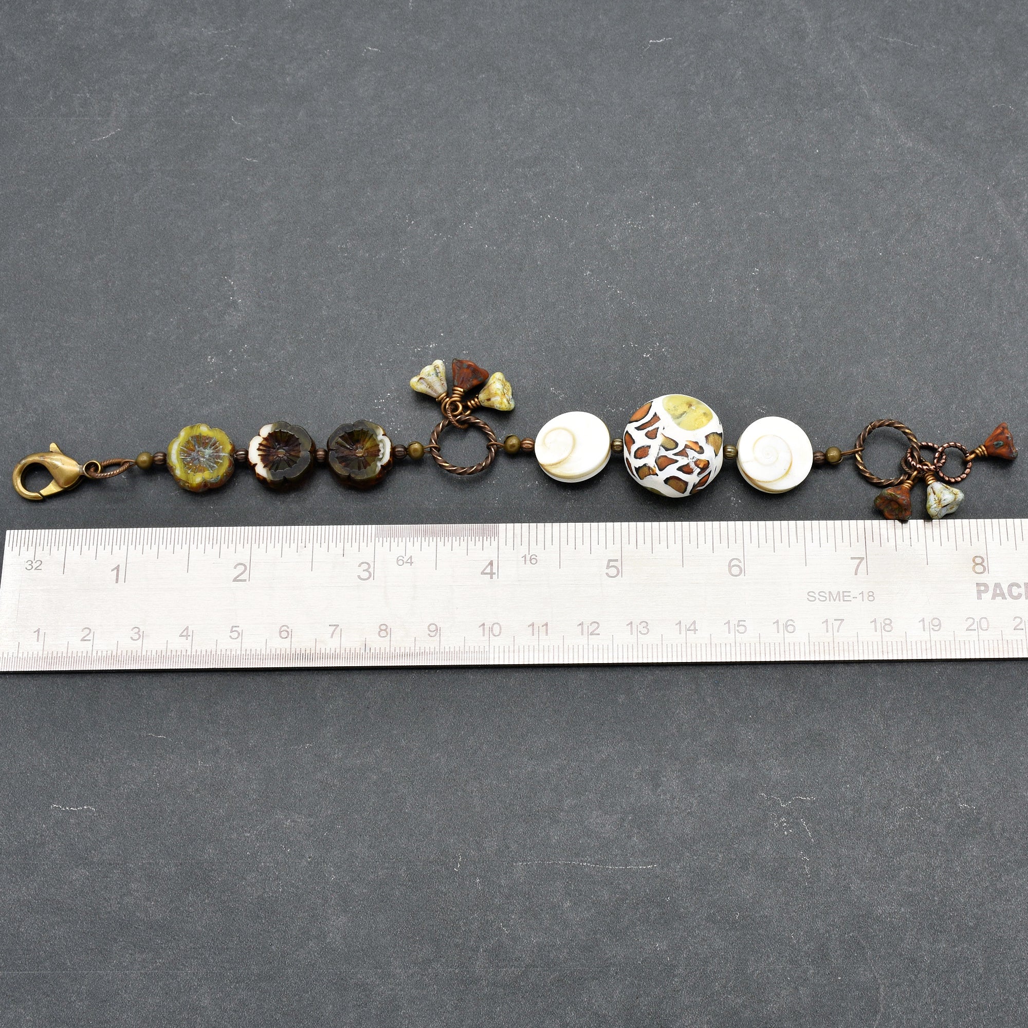 Swanky Safari Handmade Beaded Bracelet with Artisan Polymer Clay Green Giraffe Focal, Shell, Czech Glass Flowers