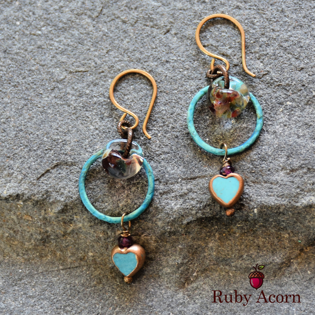 Sweetheart Handmade Dangle Earrings, Genuine Natural Blue Turquoise Gold Copper Edging Hearts, Lampwork Glass