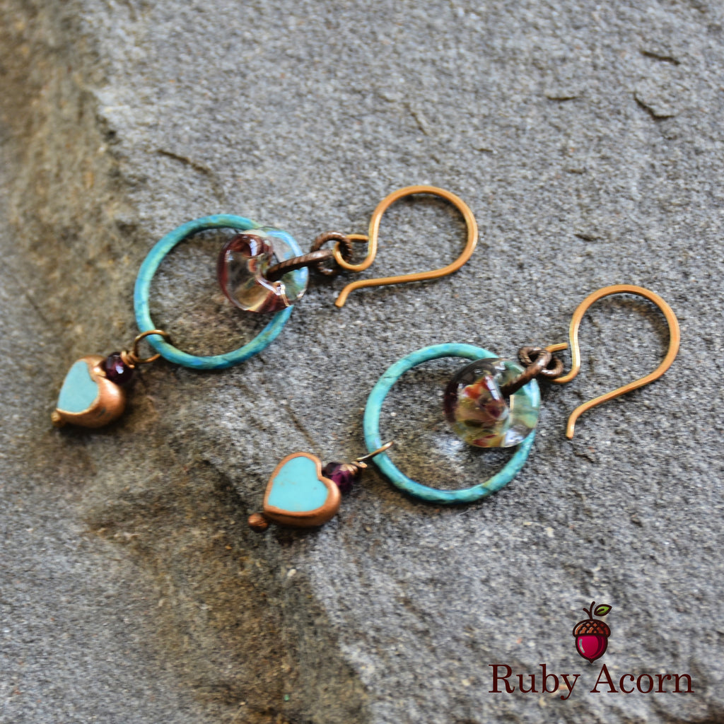 Sweetheart Handmade Dangle Earrings, Genuine Natural Blue Turquoise Gold Copper Edging Hearts, Lampwork Glass