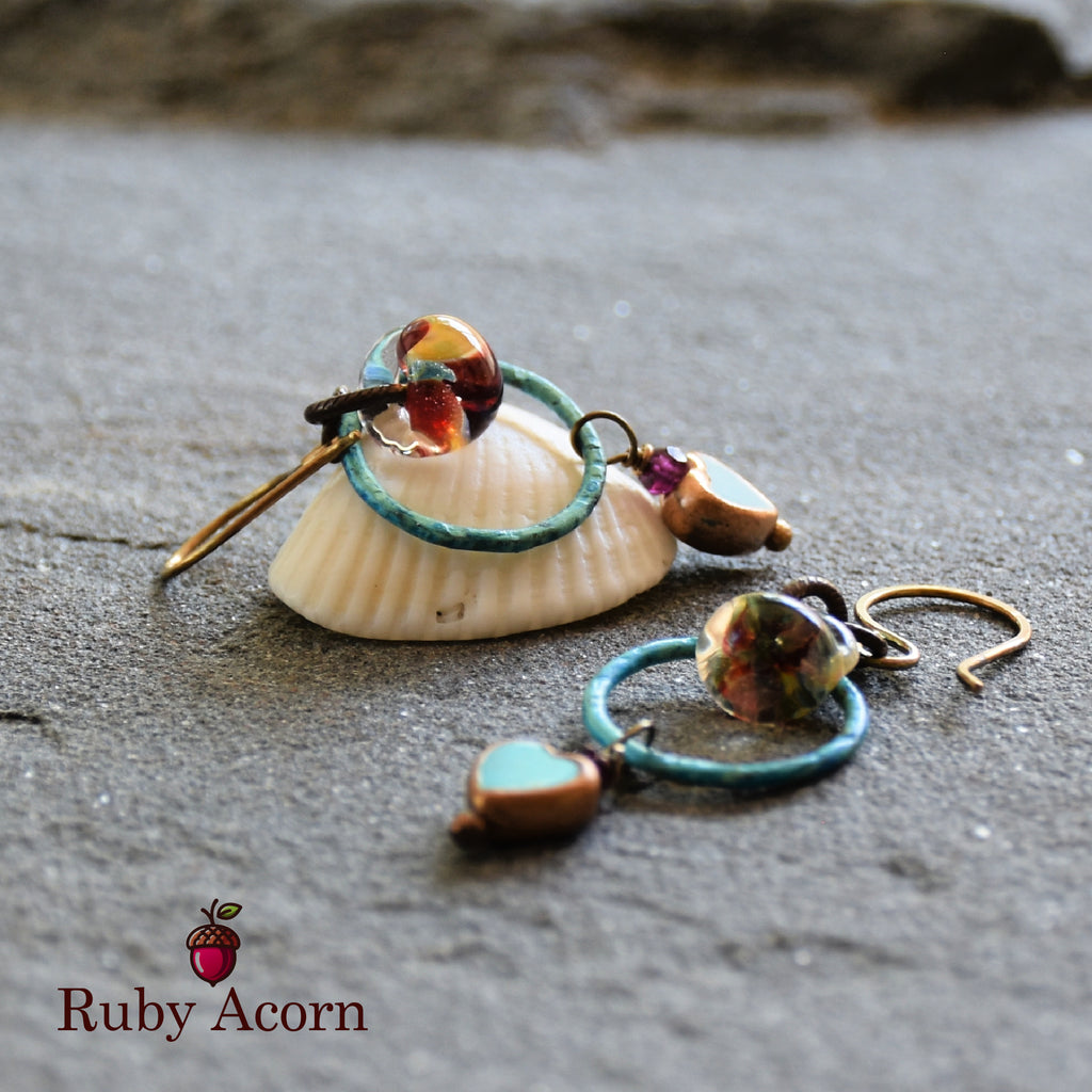 Sweetheart Handmade Dangle Earrings, Genuine Natural Blue Turquoise Gold Copper Edging Hearts, Lampwork Glass