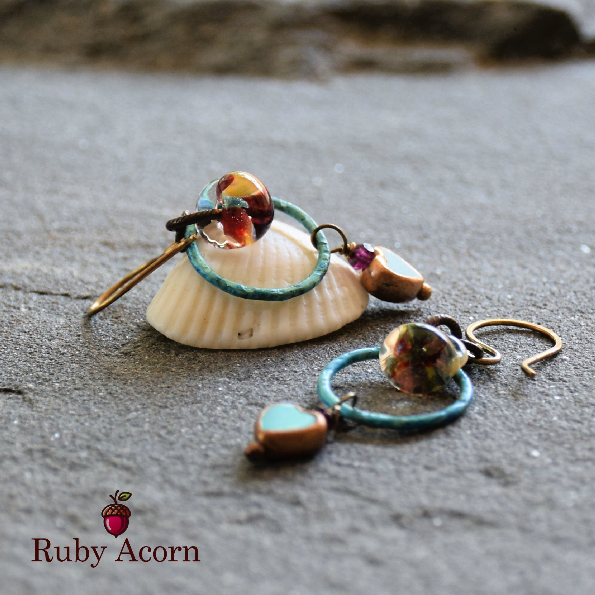 Sweetheart Handmade Dangle Earrings, Genuine Natural Blue Turquoise Gold Copper Edging Hearts, Lampwork Glass