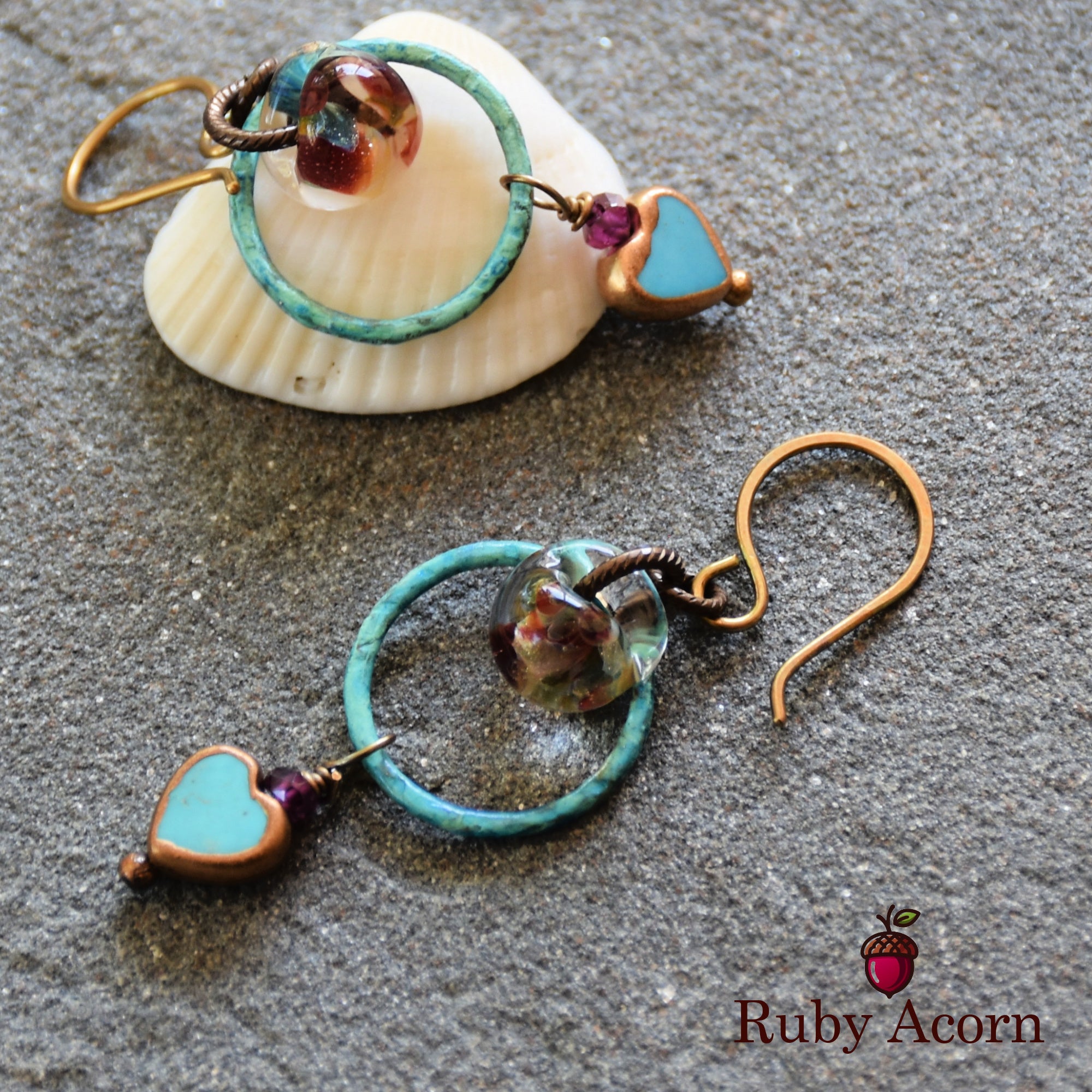 Sweetheart Handmade Dangle Earrings, Genuine Natural Blue Turquoise Gold Copper Edging Hearts, Lampwork Glass