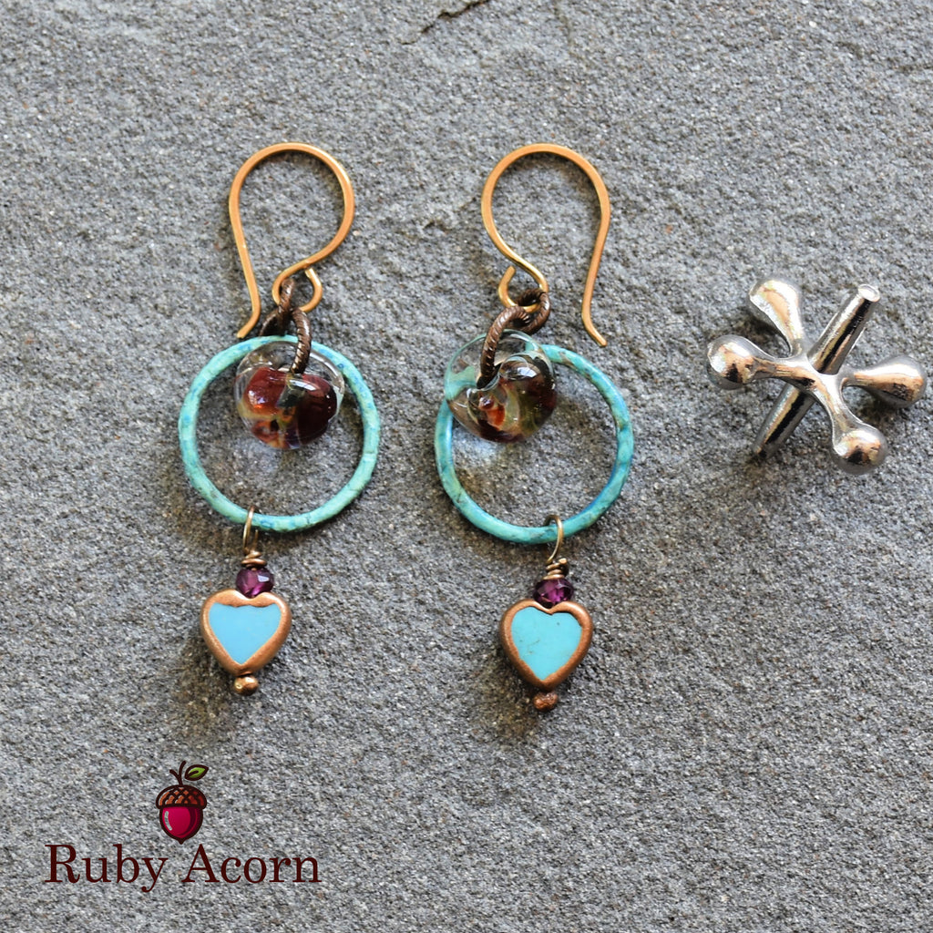 Sweetheart Handmade Dangle Earrings, Genuine Natural Blue Turquoise Gold Copper Edging Hearts, Lampwork Glass