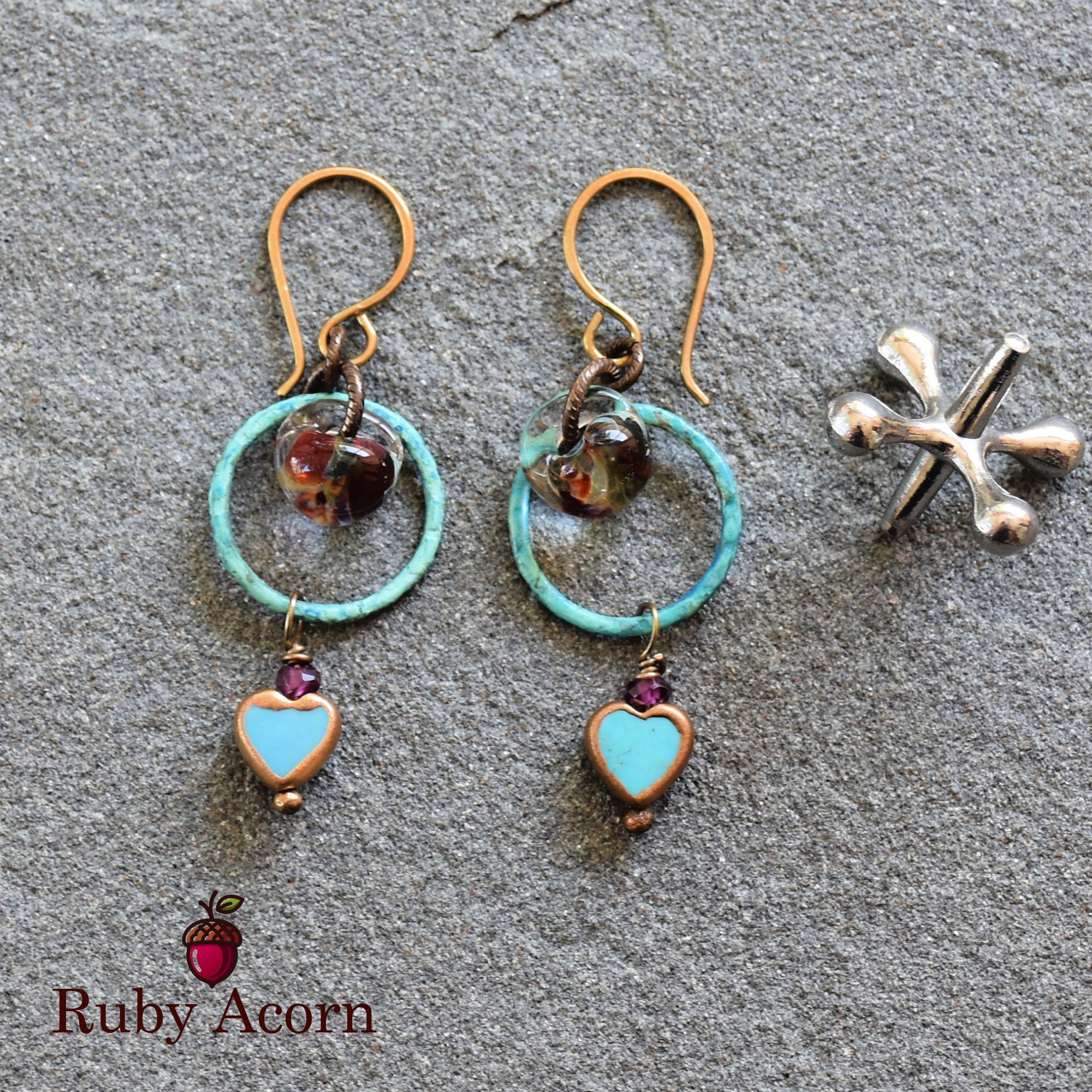 Sweetheart Handmade Dangle Earrings, Genuine Natural Blue Turquoise Gold Copper Edging Hearts, Lampwork Glass